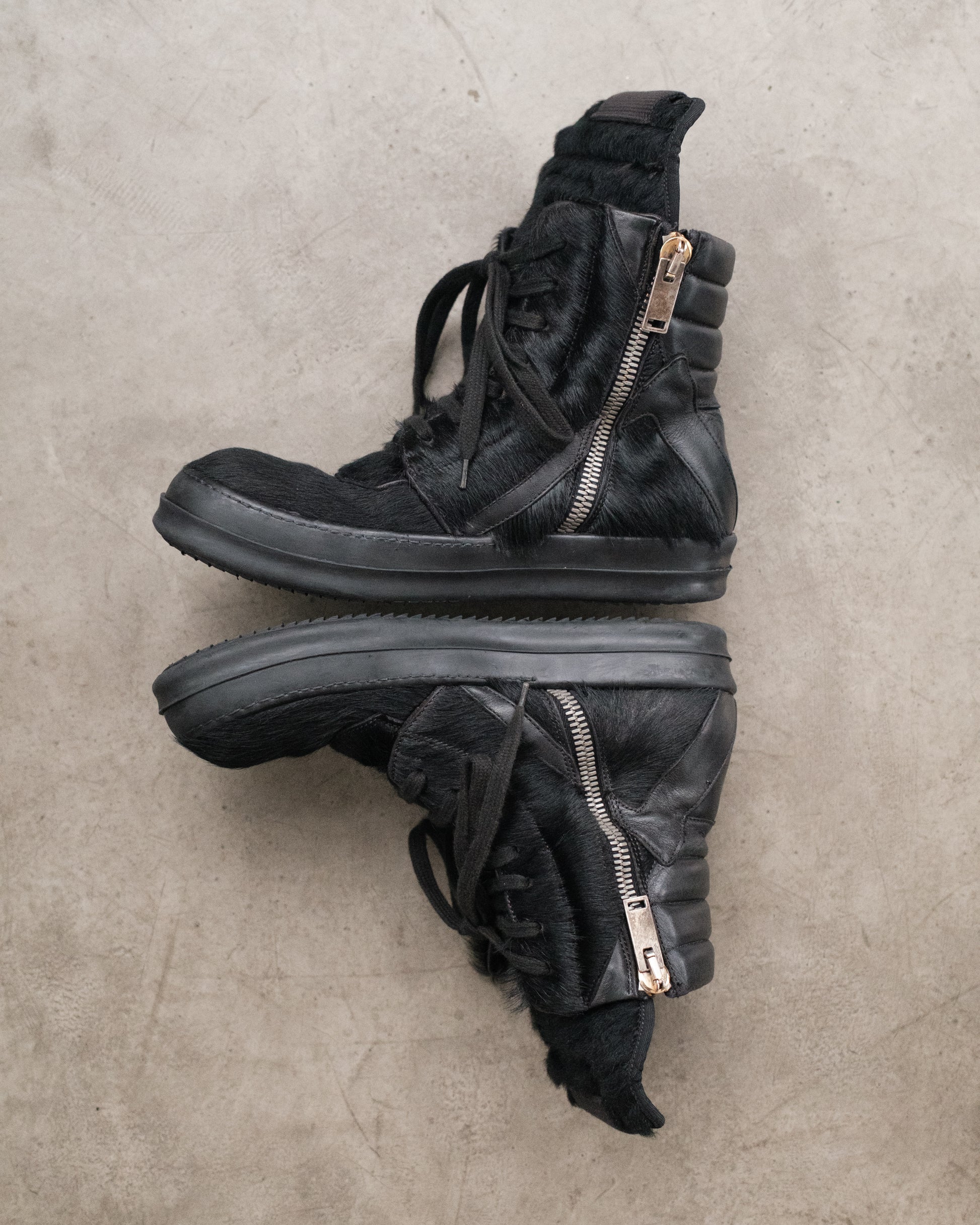 Rick Owens FW13 Black Pony Hair Geobasket Sneakers