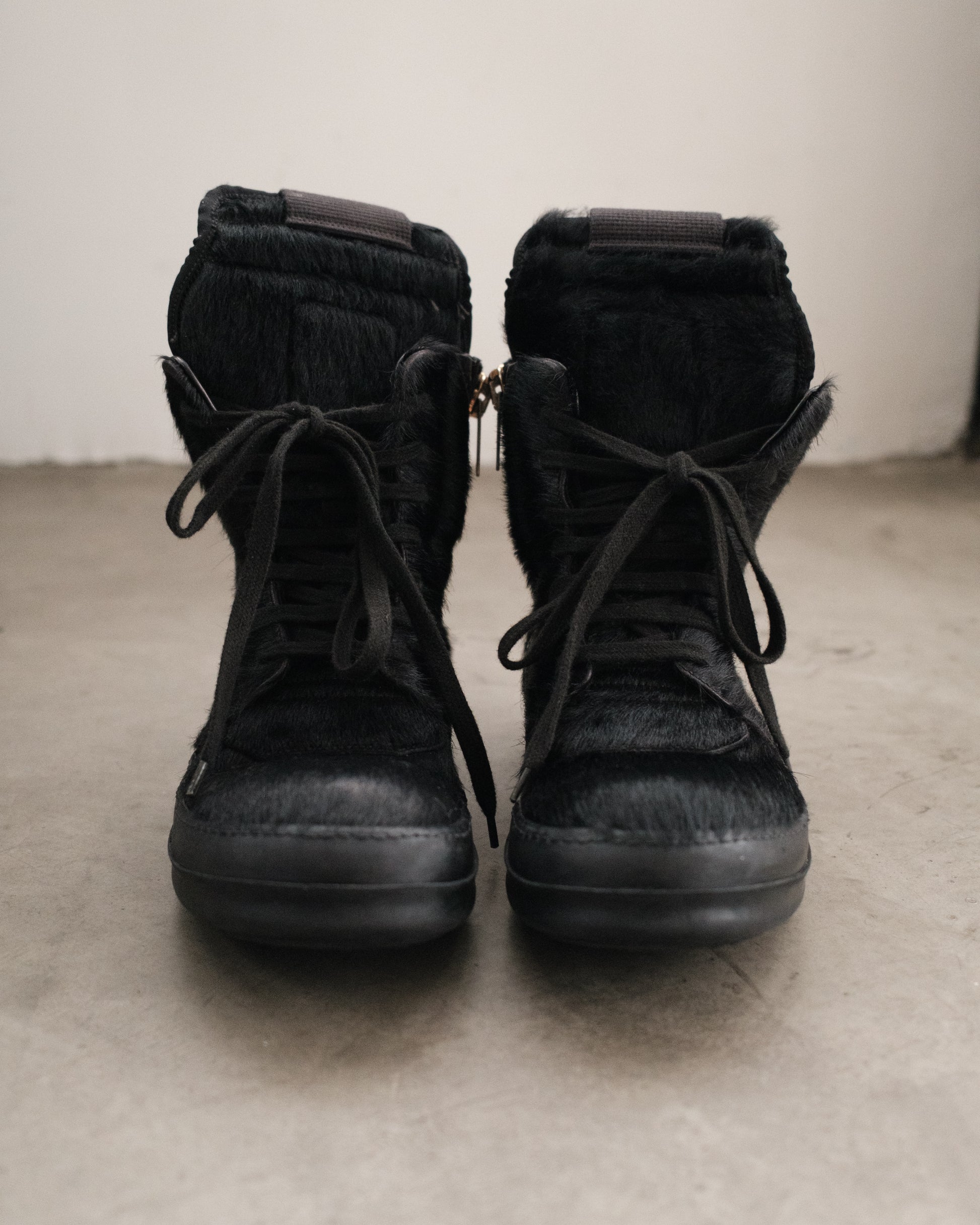 Rick Owens FW13 Black Pony Hair Geobasket Sneakers