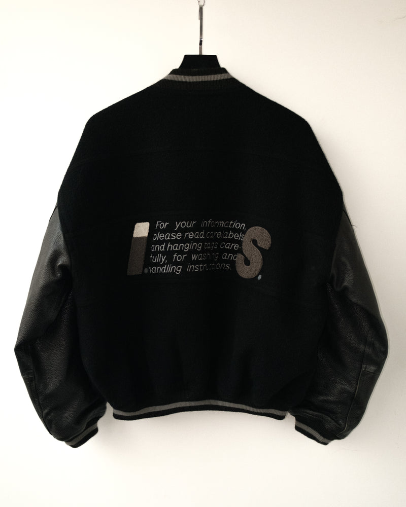 1980S Issey Miyake Sport Black Leather Sleeve Varsity Jacket
