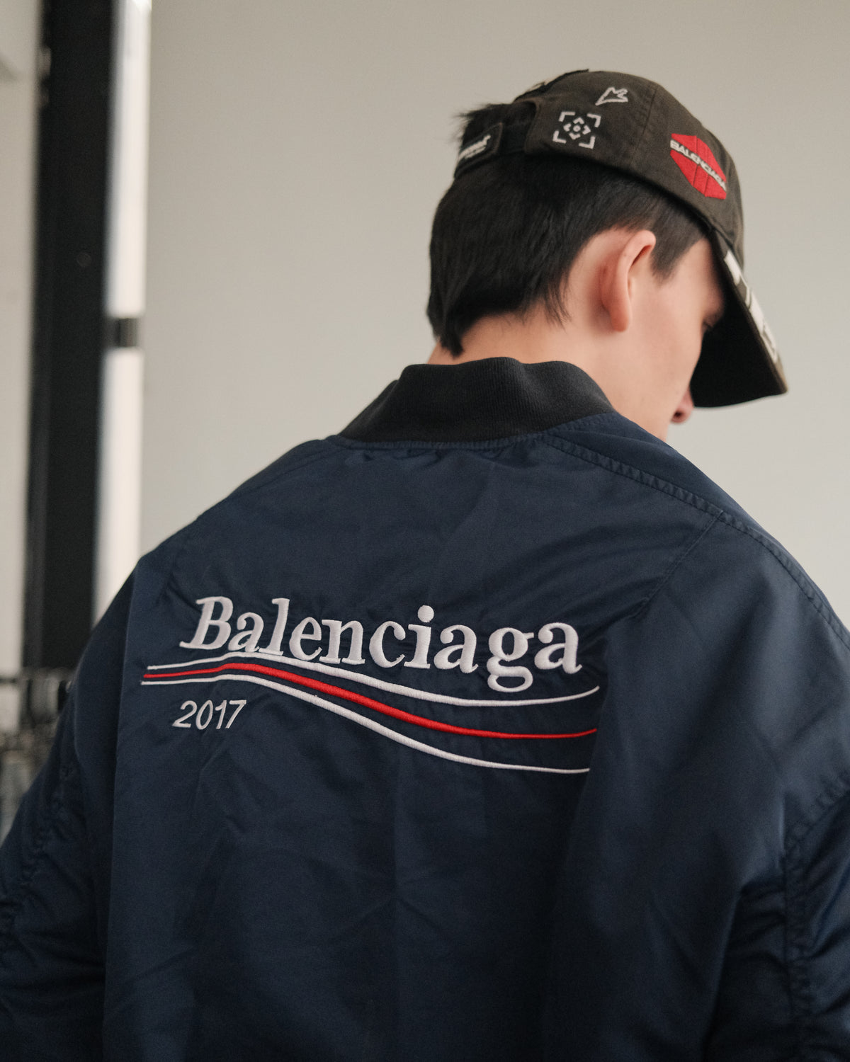 BALENCIAGA 2017 Runway Navy Wobble Campaign MA1 Padded Bomber Jacket