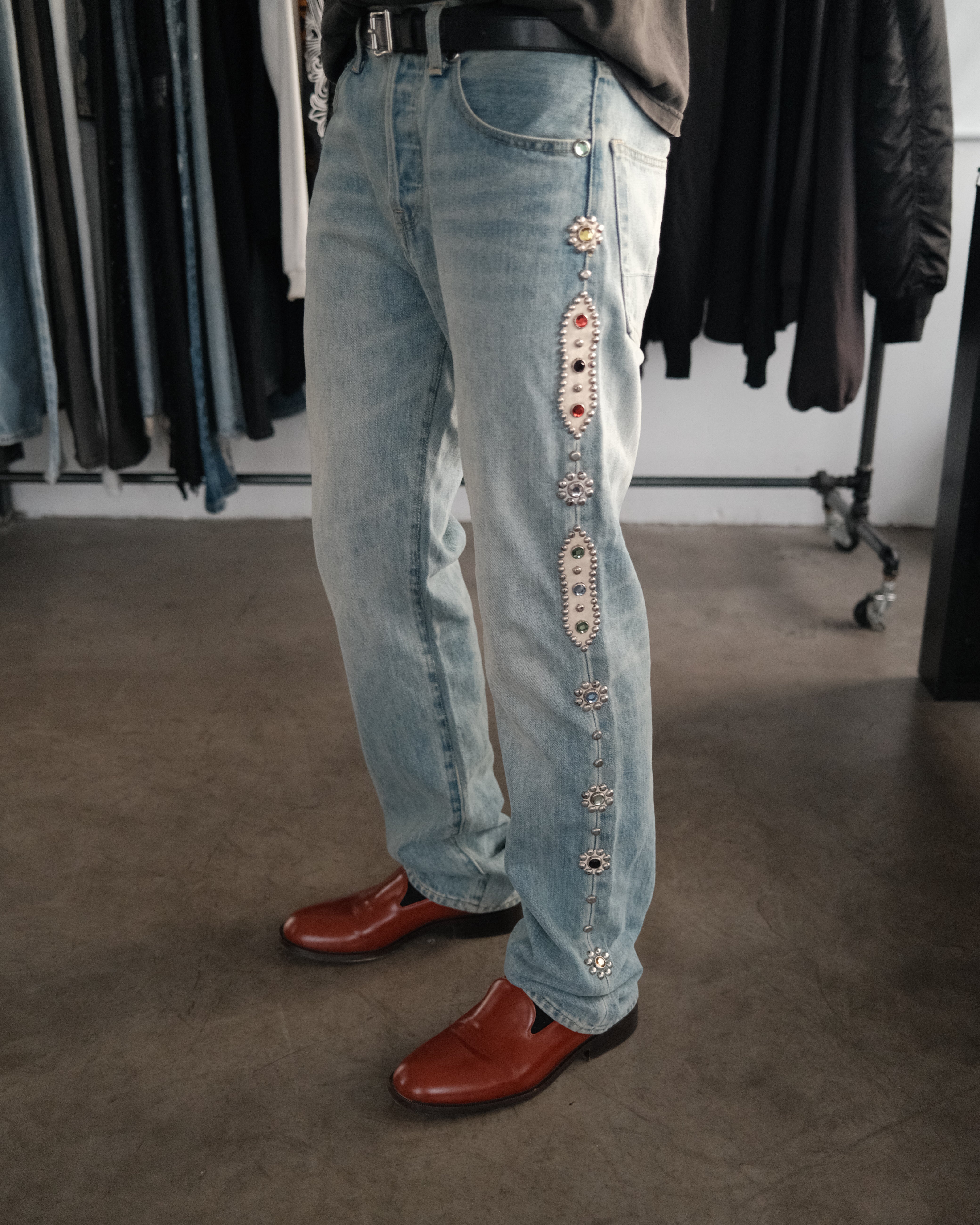 KAPITAL Kountry Gemstone Jewels Denim Jeans – Around The Shoes KAPITAL Kountry Gemstone Jewels Denim Jeans – Around The Shoes