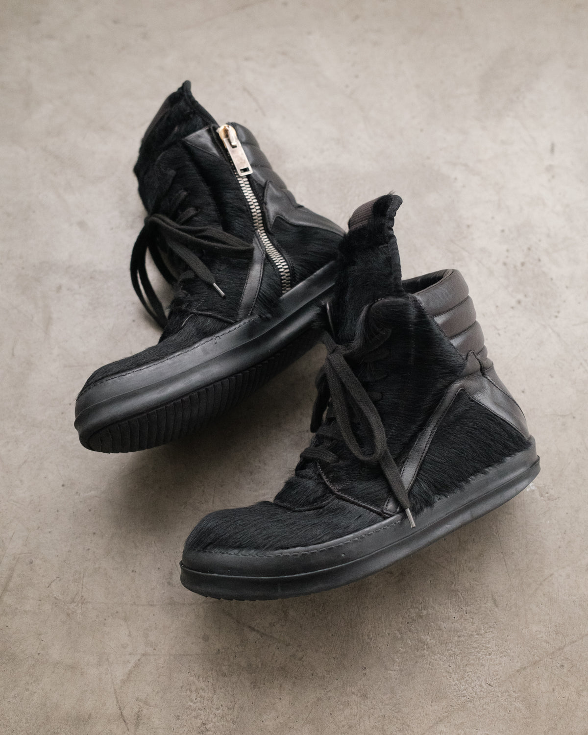 Rick Owens FW13 Black Pony Hair Geobasket Sneakers