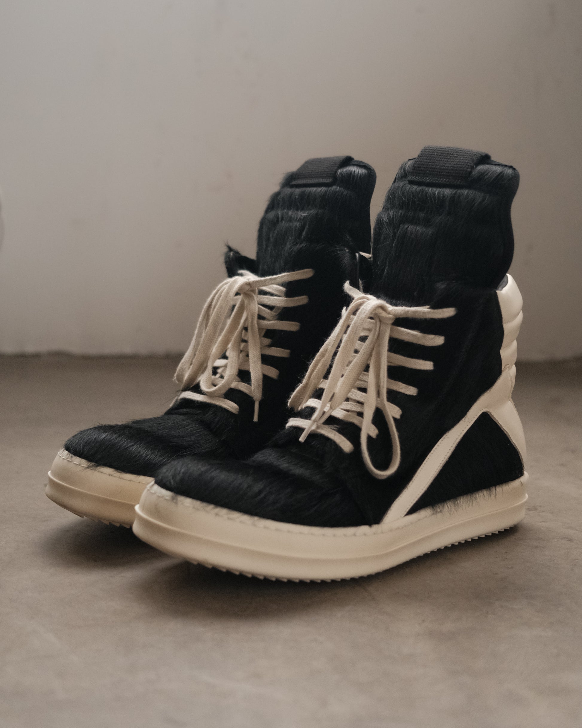 RICK OWENS Black Pony Hair Geobasket Sneakers
