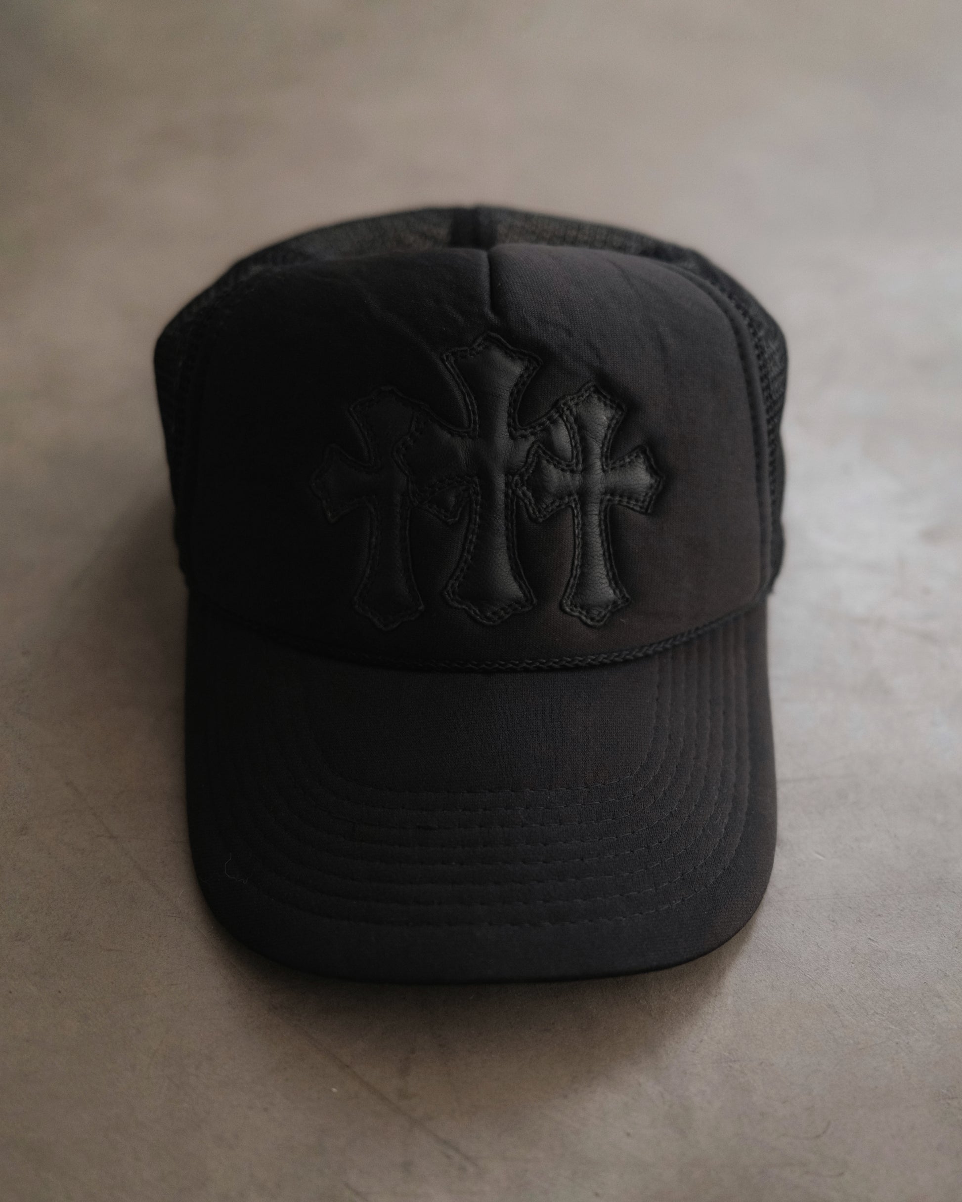 Vintage CHROME HEARTS Triple Leather Cross Patch Trucker Hat