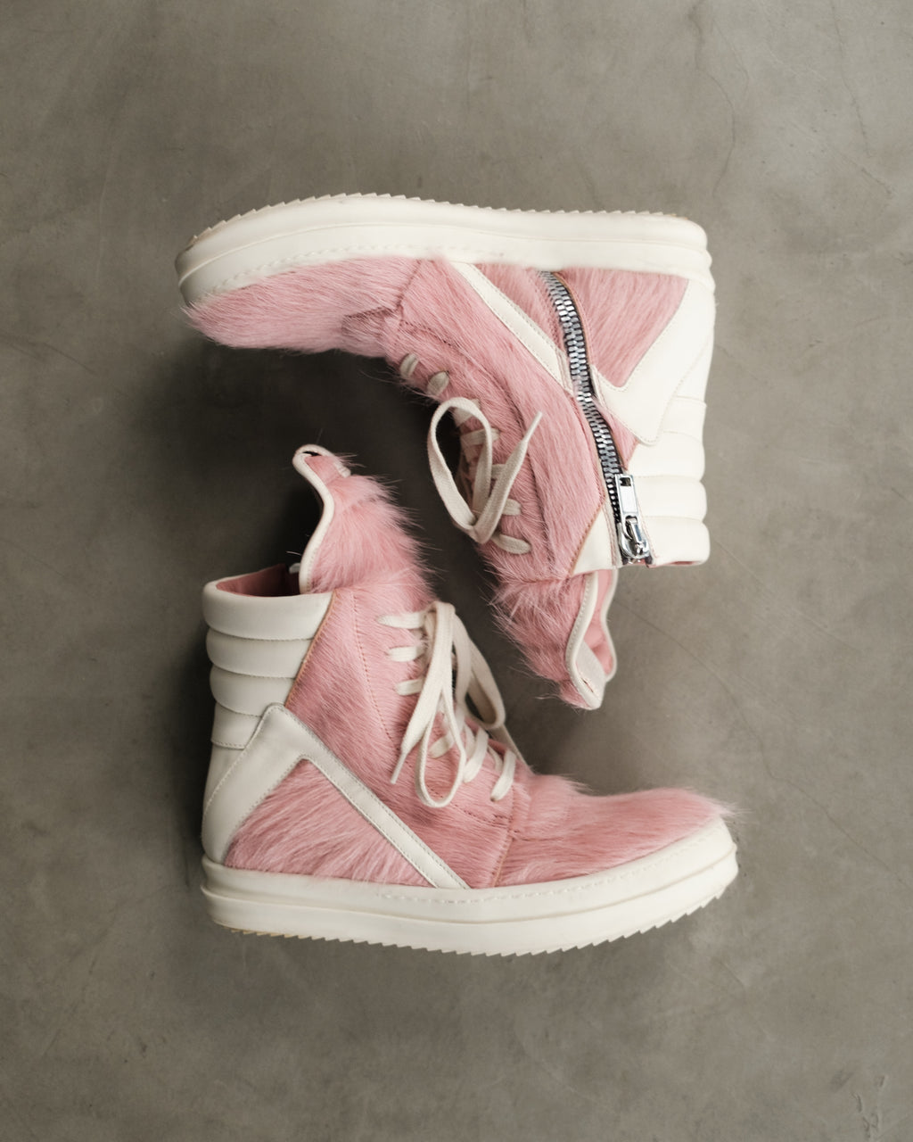 RICK OWENS Pink Geobasket Pony Hair Sneakers