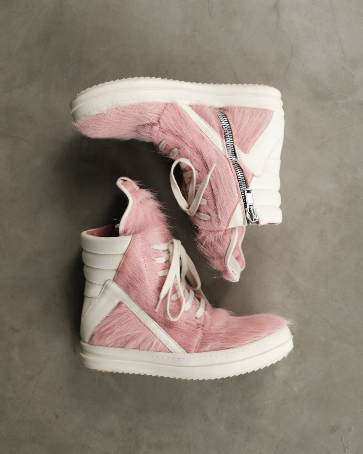 RICK OWENS Pink Geobasket Pony Hair Sneakers