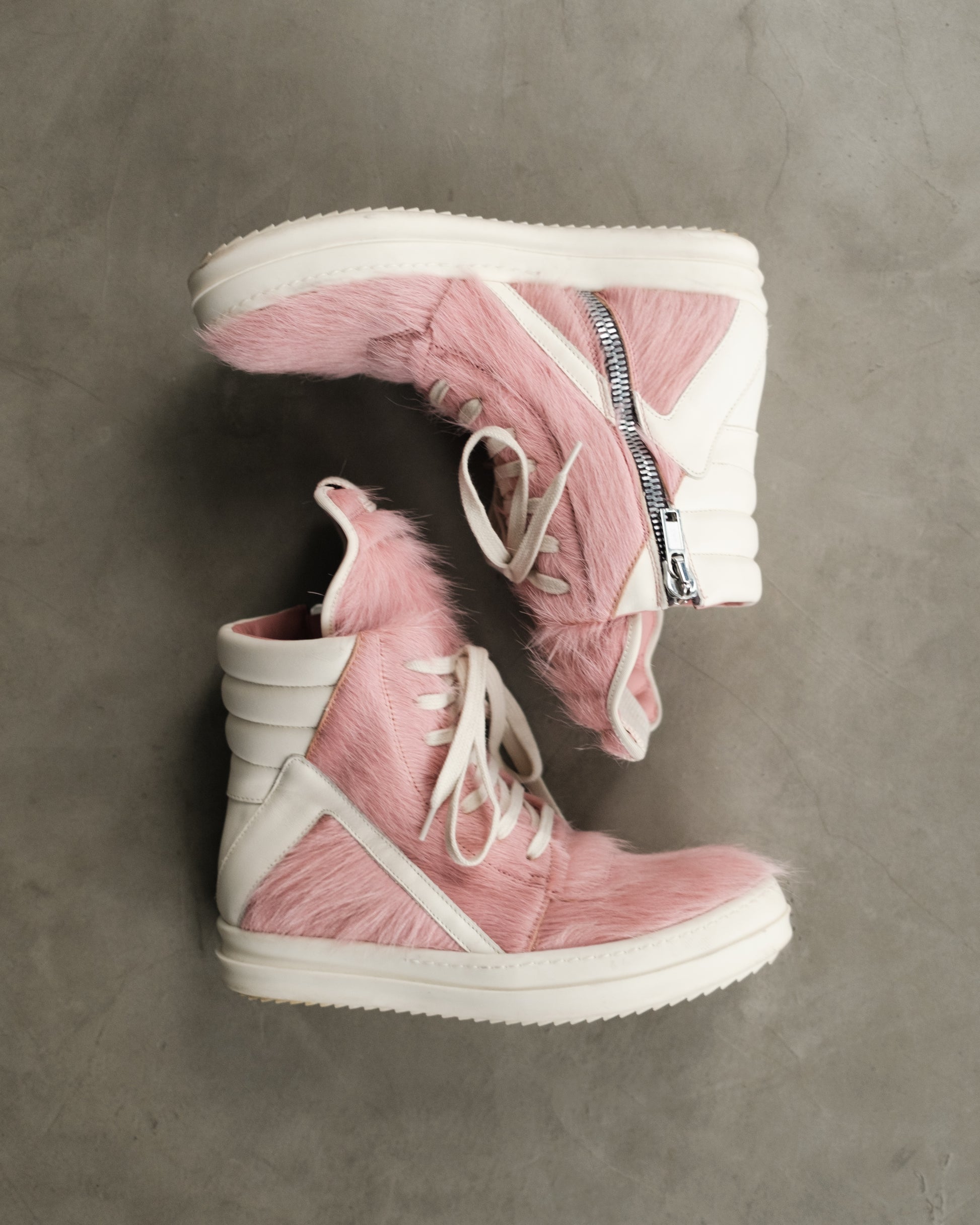 RICK OWENS Pink Geobasket Pony Hair Sneakers