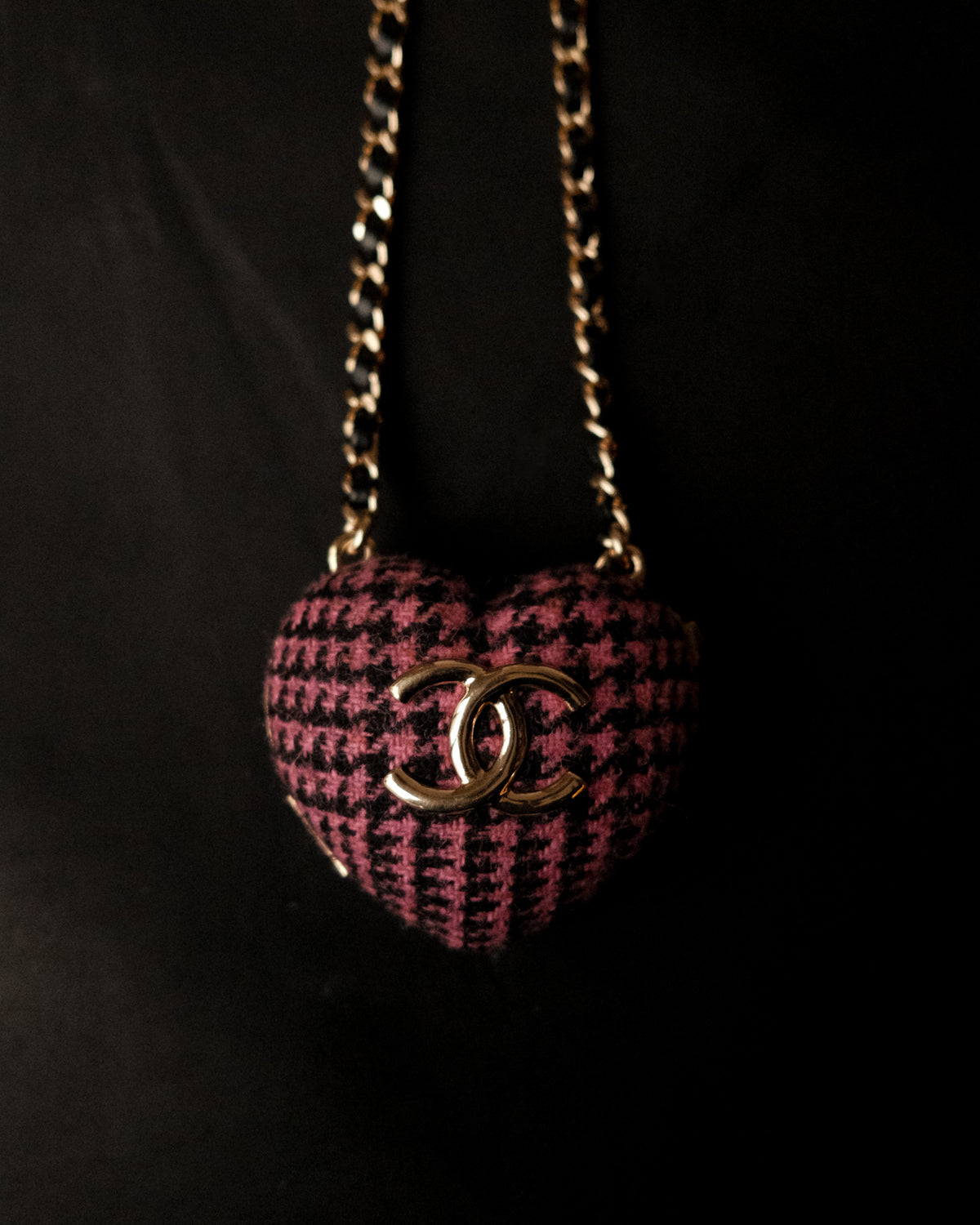 2022 Tweed & Leather CC Heart Locket Pendant Necklace