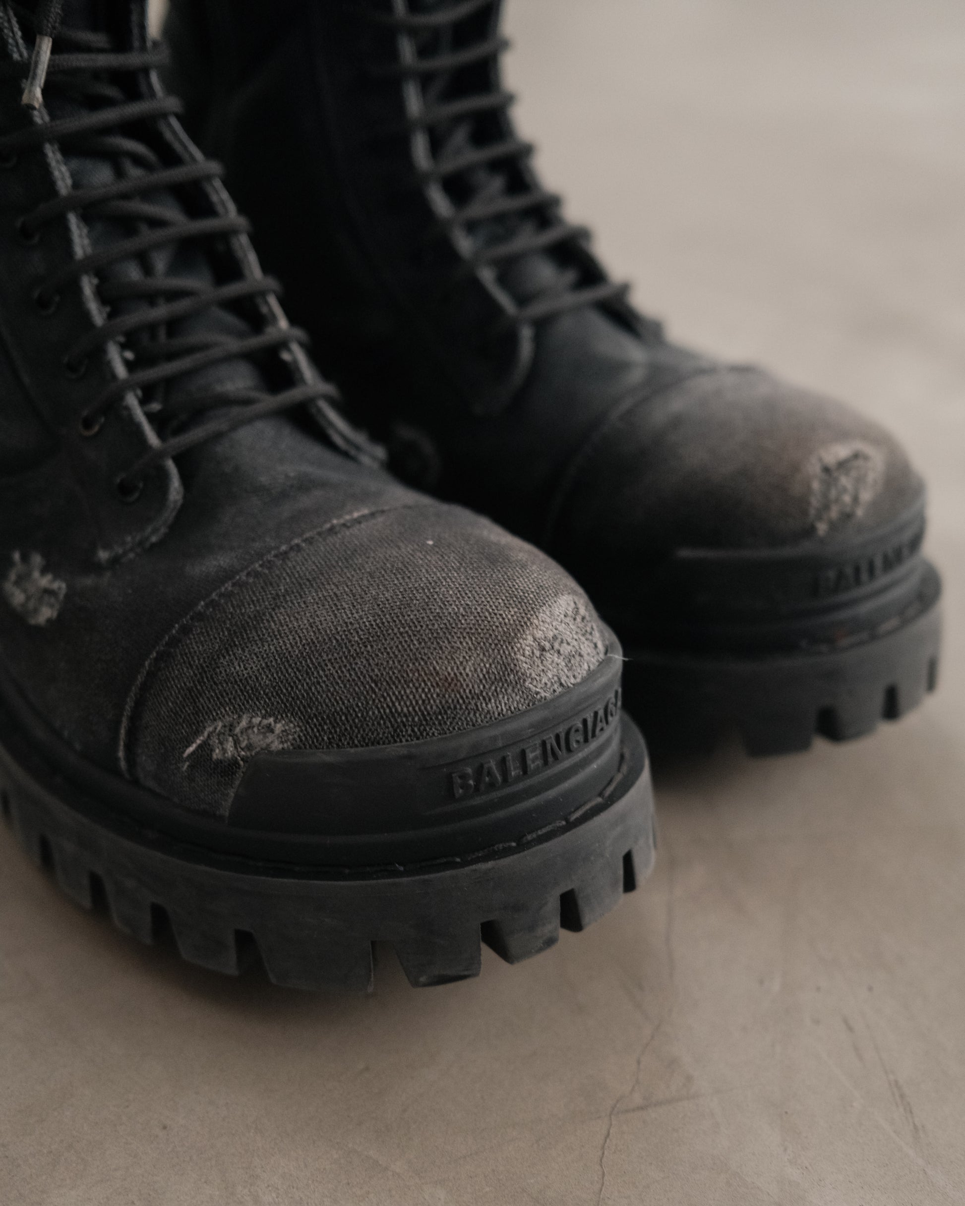 BALENCIAGA Strike Distressed Lace-Up Boots