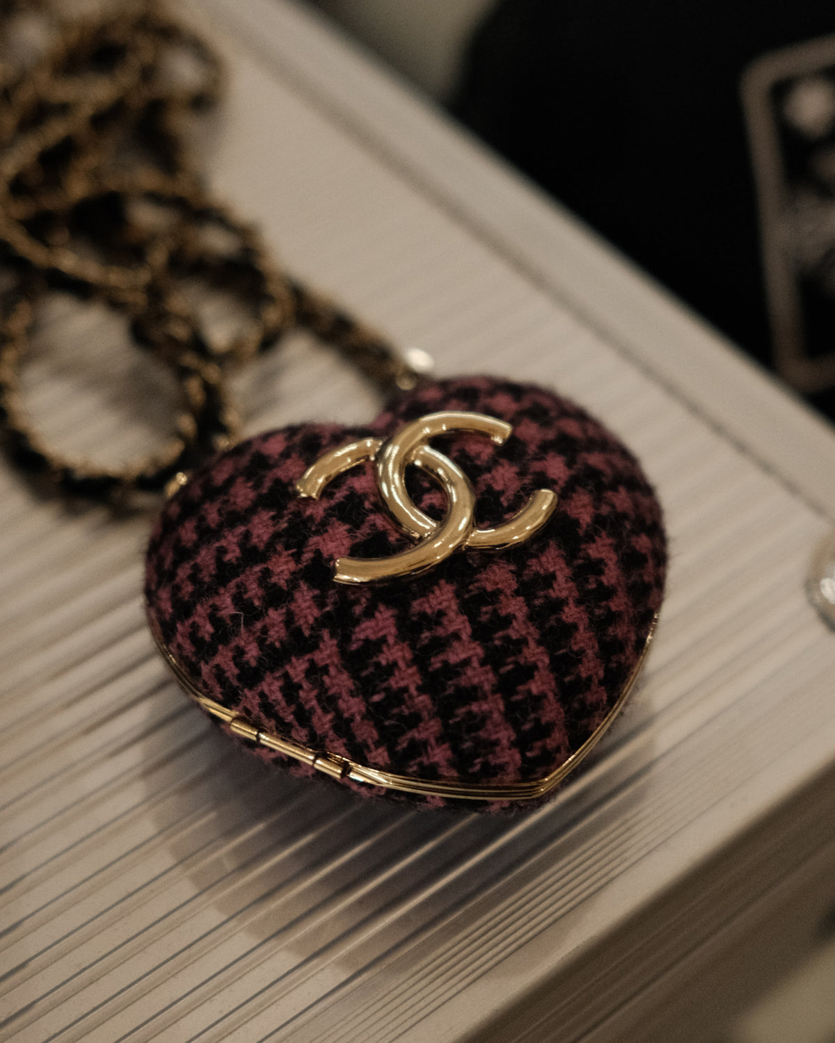 2022 Tweed & Leather CC Heart Locket Pendant Necklace