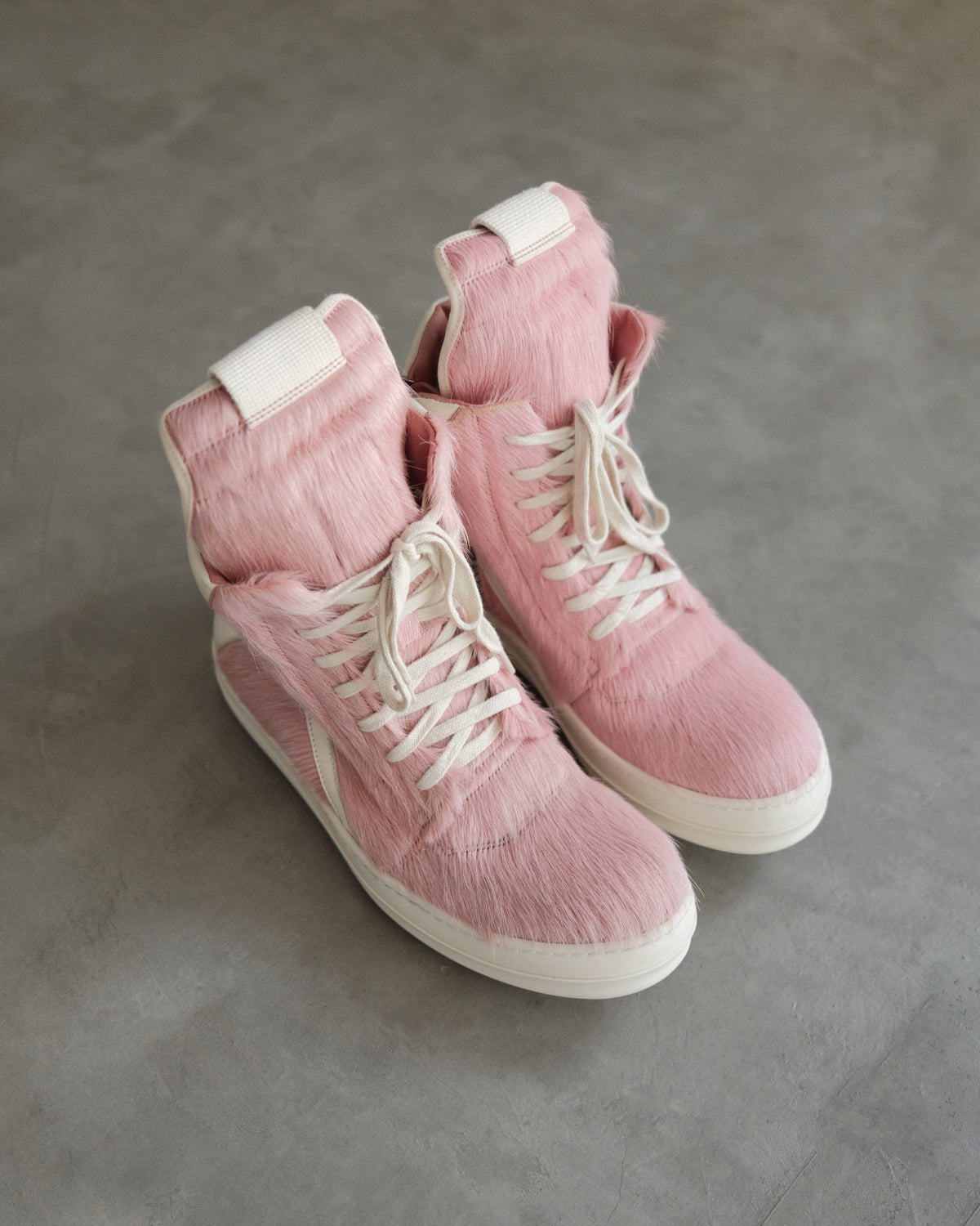 RICKOWENS Pink Geobasket Pony Hair Sneakers