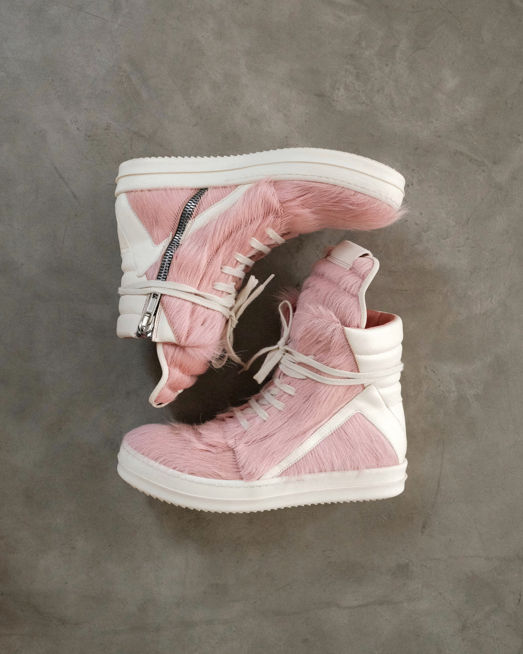 RICK OWENS Pink Geobasket Pony Hair Sneakers
