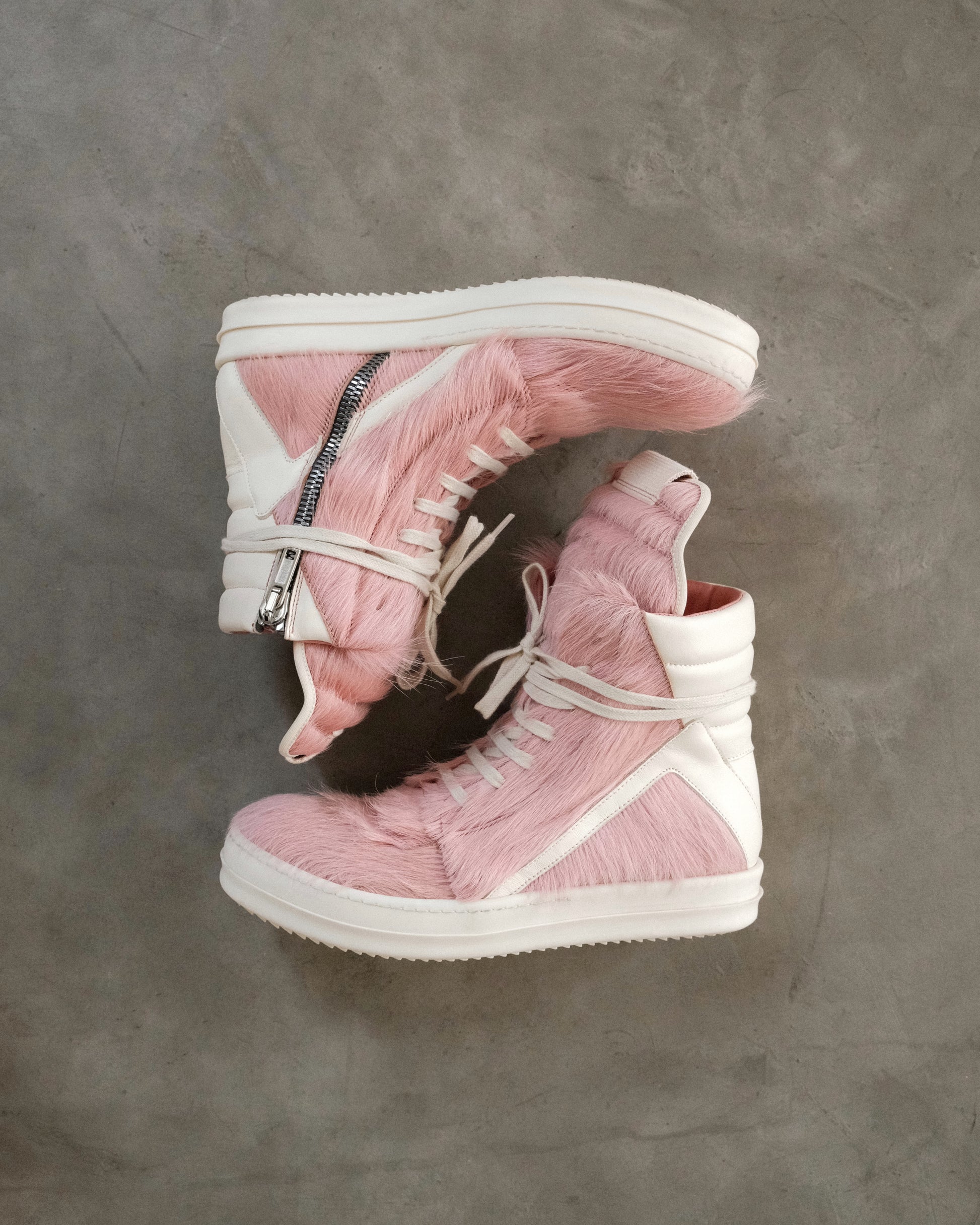 RICK OWENS Pink Geobasket Pony Hair Sneakers