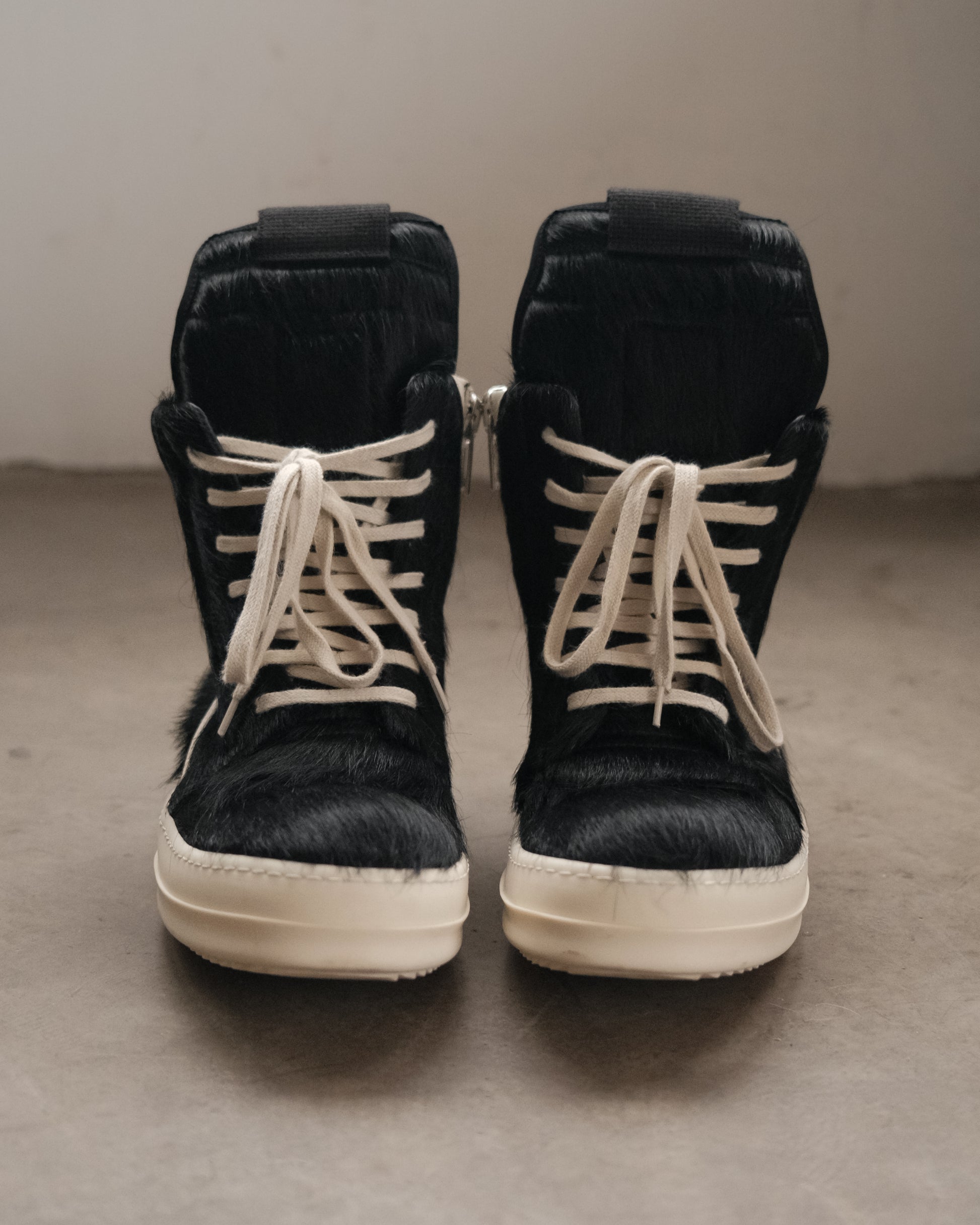 RICK OWENS Black Pony Hair Geobasket Sneakers