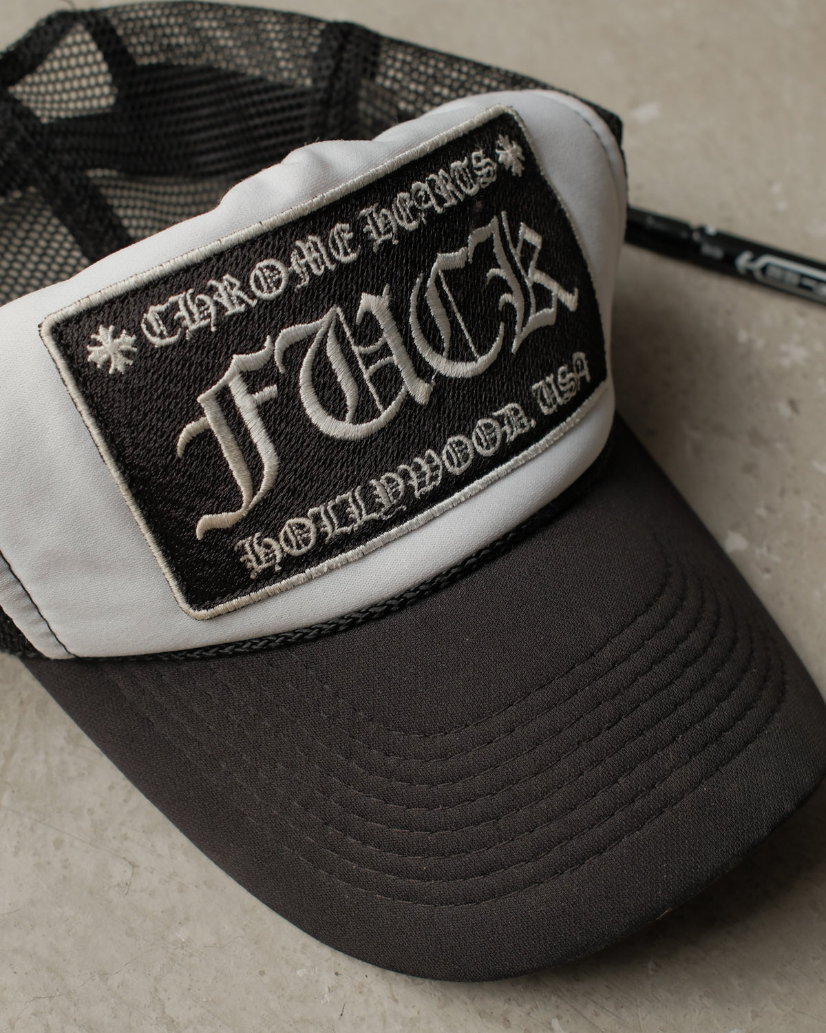 Vintage Chrome Hearts FUCK Hollywood Trucker Hat – Black/White