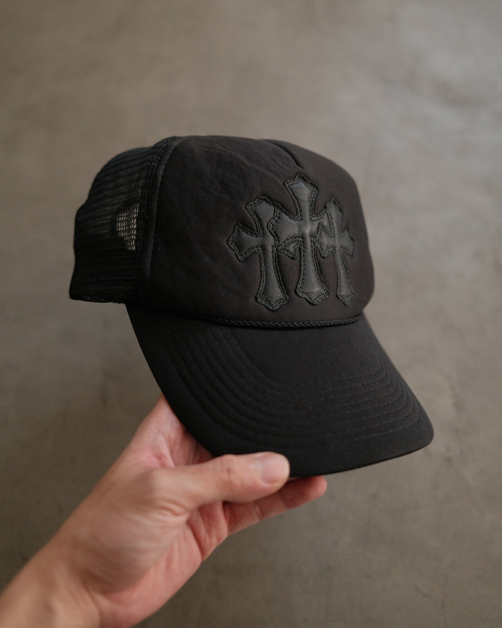 Vintage CHROME HEARTS Triple Leather Cross Patch Trucker Hat