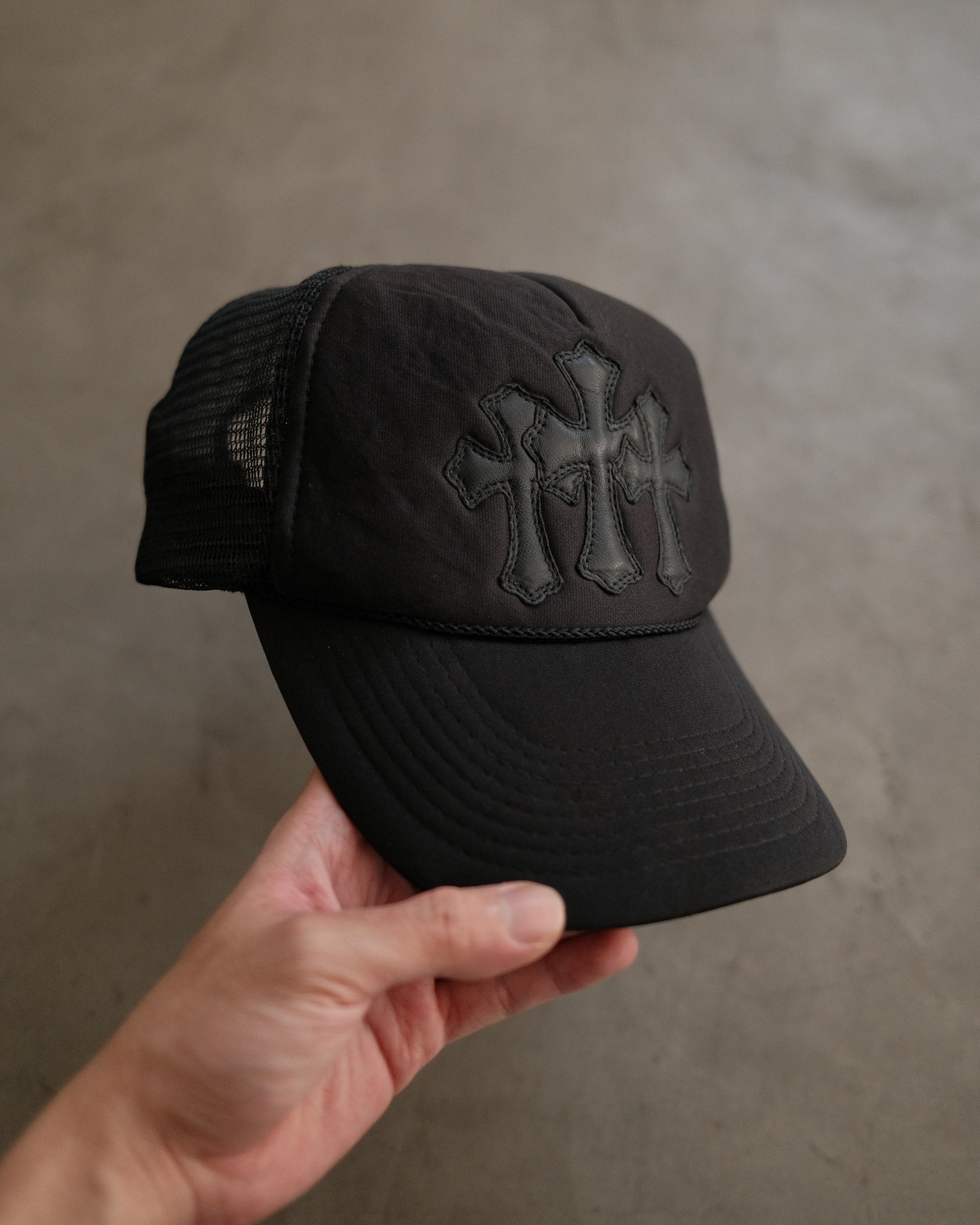 Vintage CHROME HEARTS Triple Leather Cross Patch Trucker Hat
