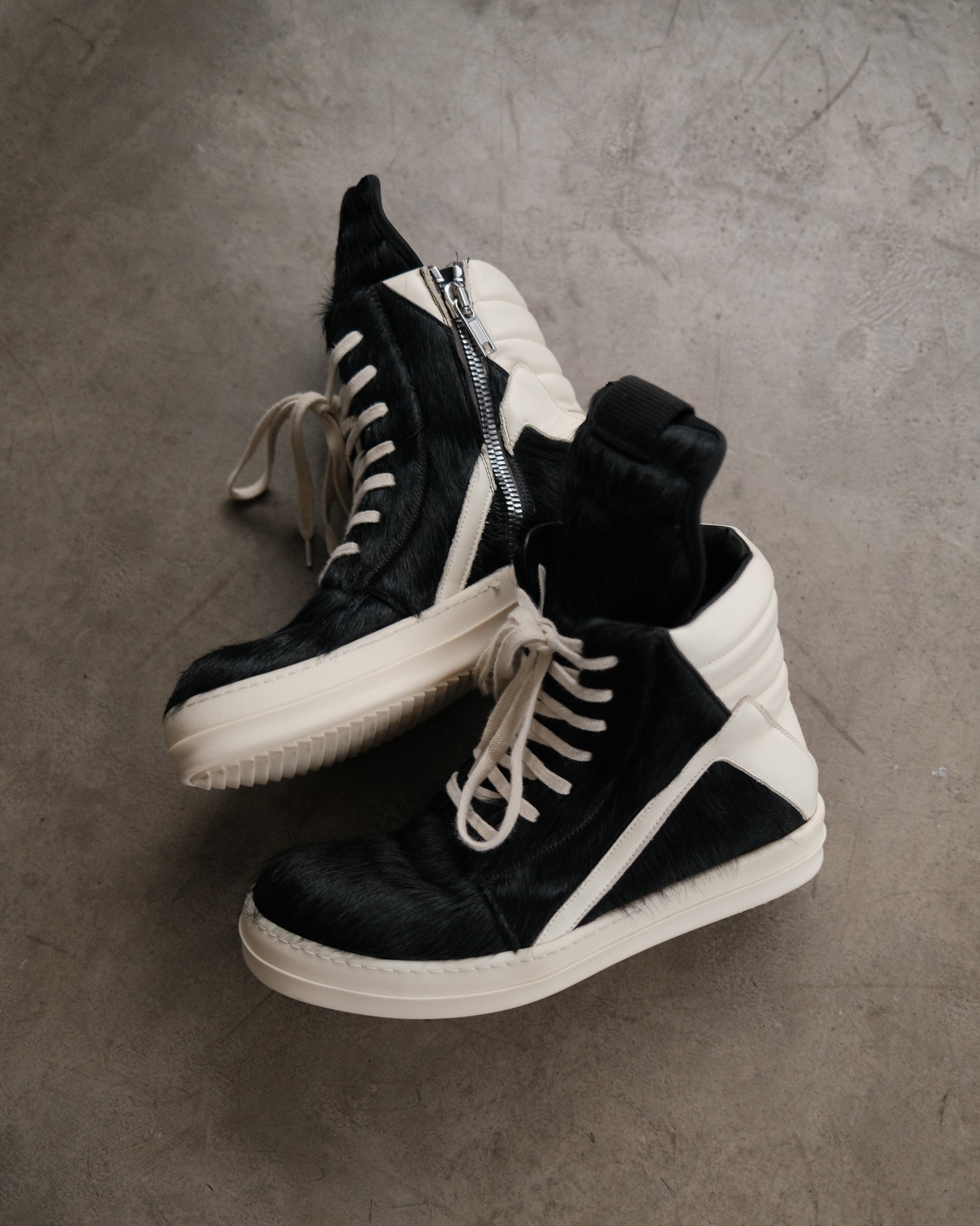 RICK OWENS Black Pony Hair Geobasket Sneakers