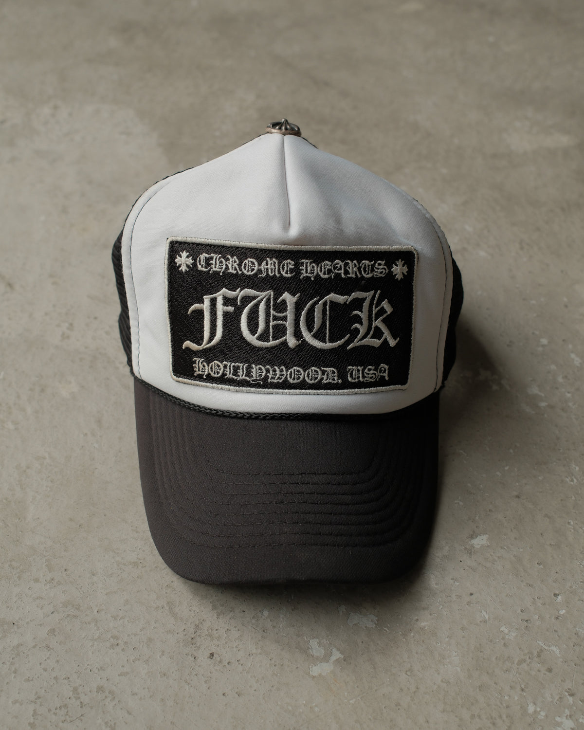 Vintage Chrome Hearts FUCK Hollywood Trucker Hat – Black/White