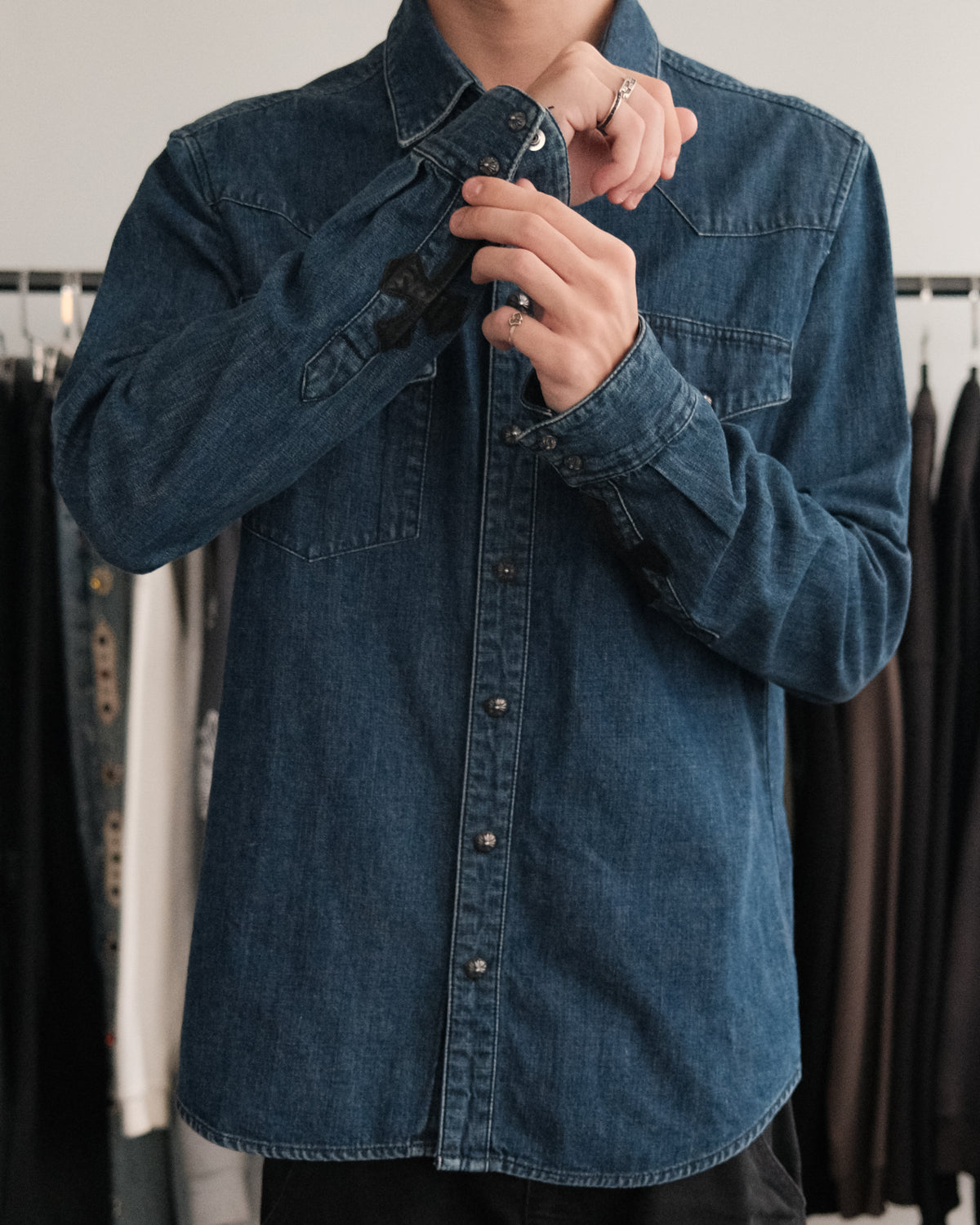 CHROME HEARTS Denim Western Cross Ball Button Long Sleeve Shirt