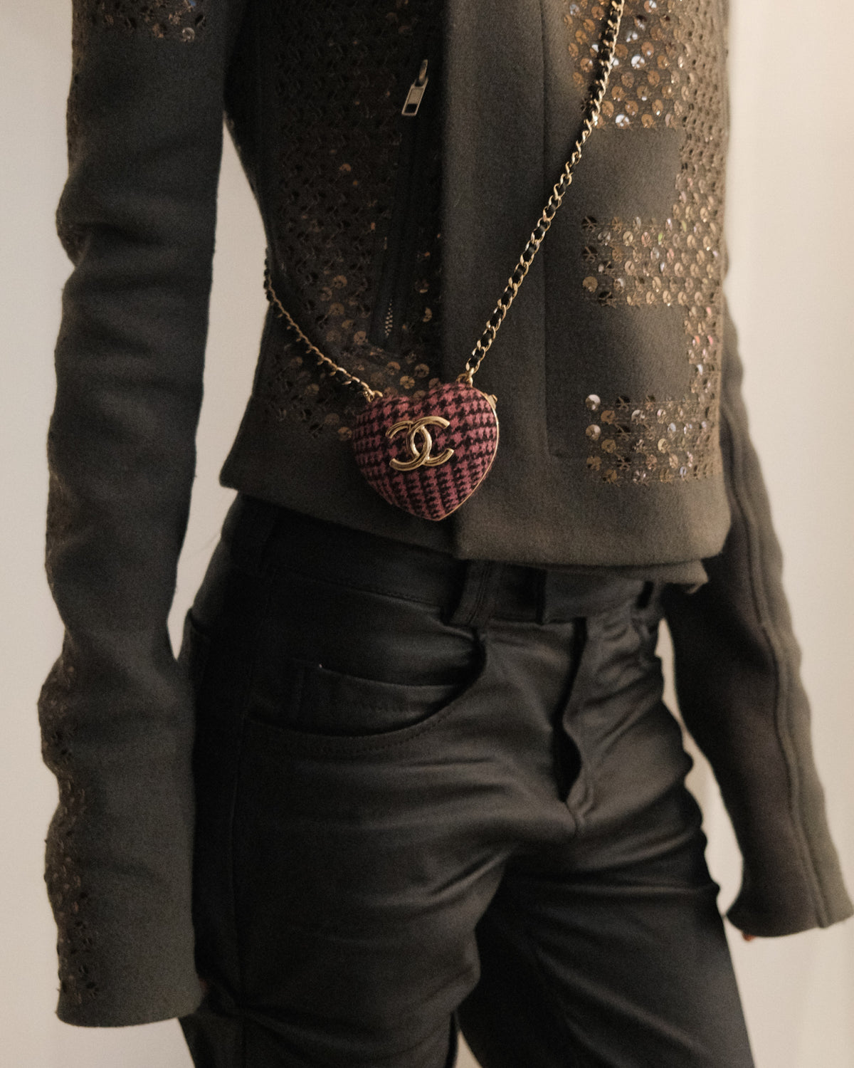 2022 Tweed & Leather CC Heart Locket Pendant Necklace