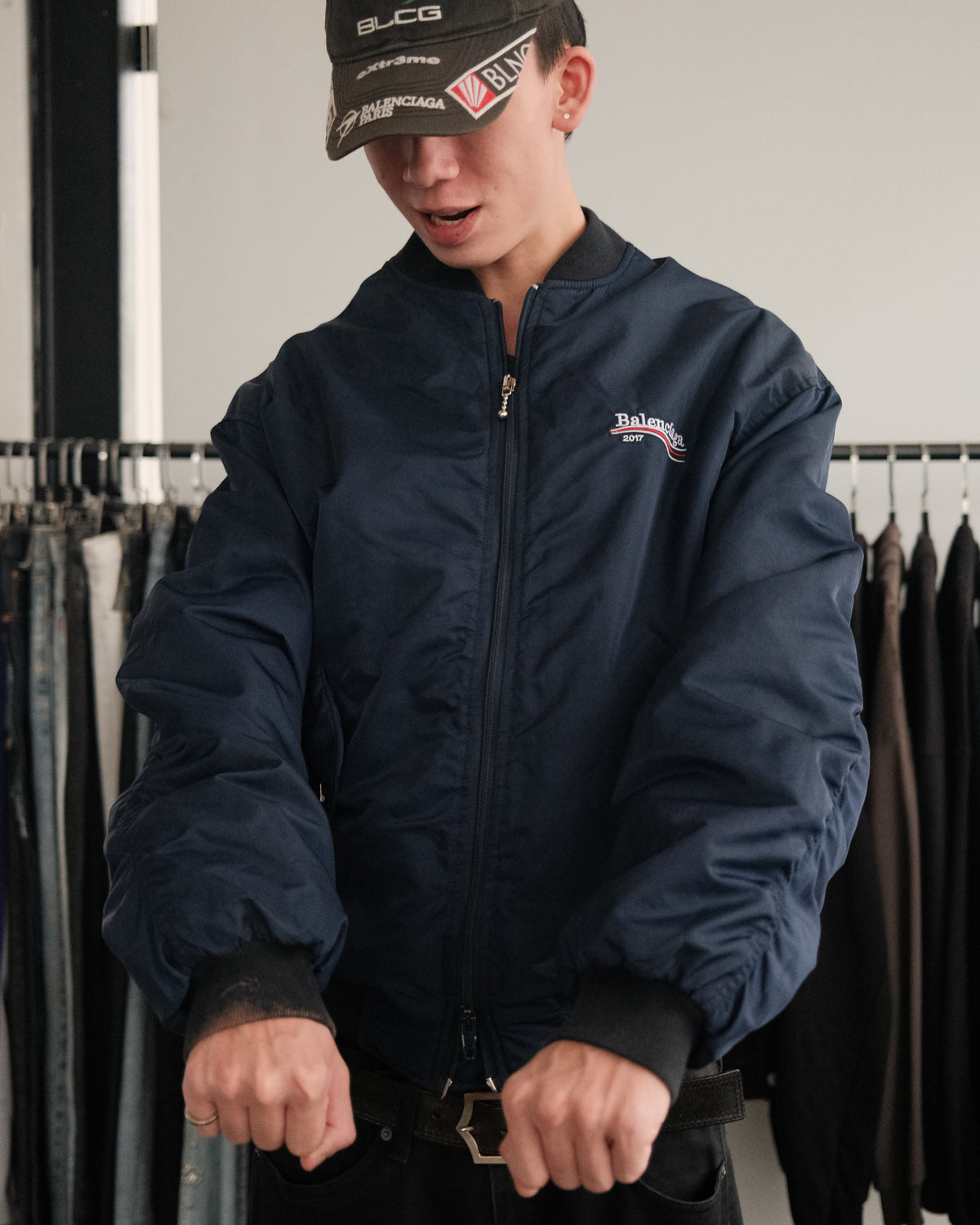 BALENCIAGA 2017 Runway Navy Wobble Campaign MA1 Padded Bomber Jacket