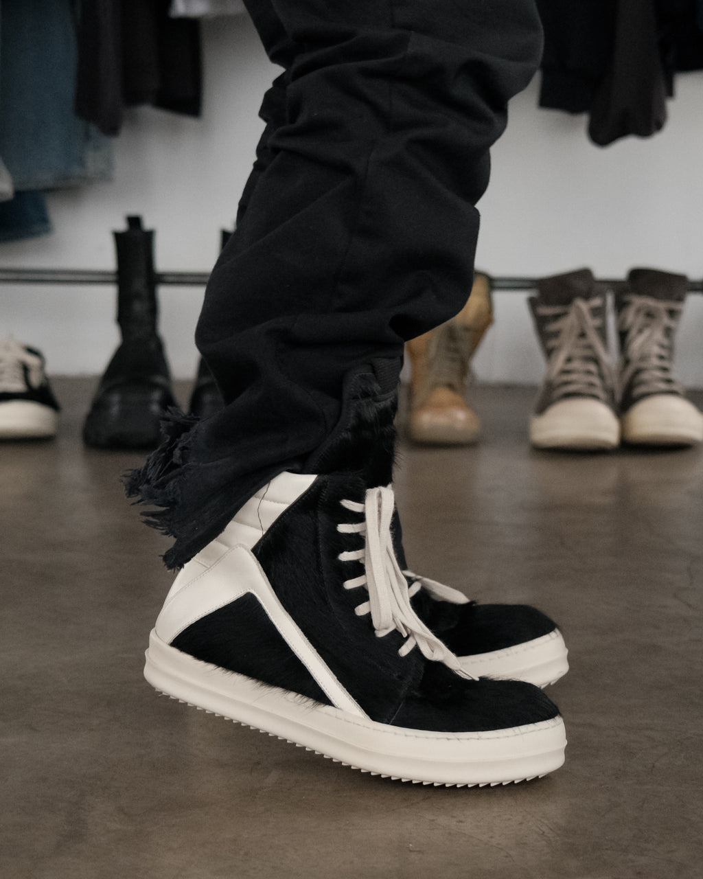 RICK OWENS Black Pony Hair Geobasket Sneakers