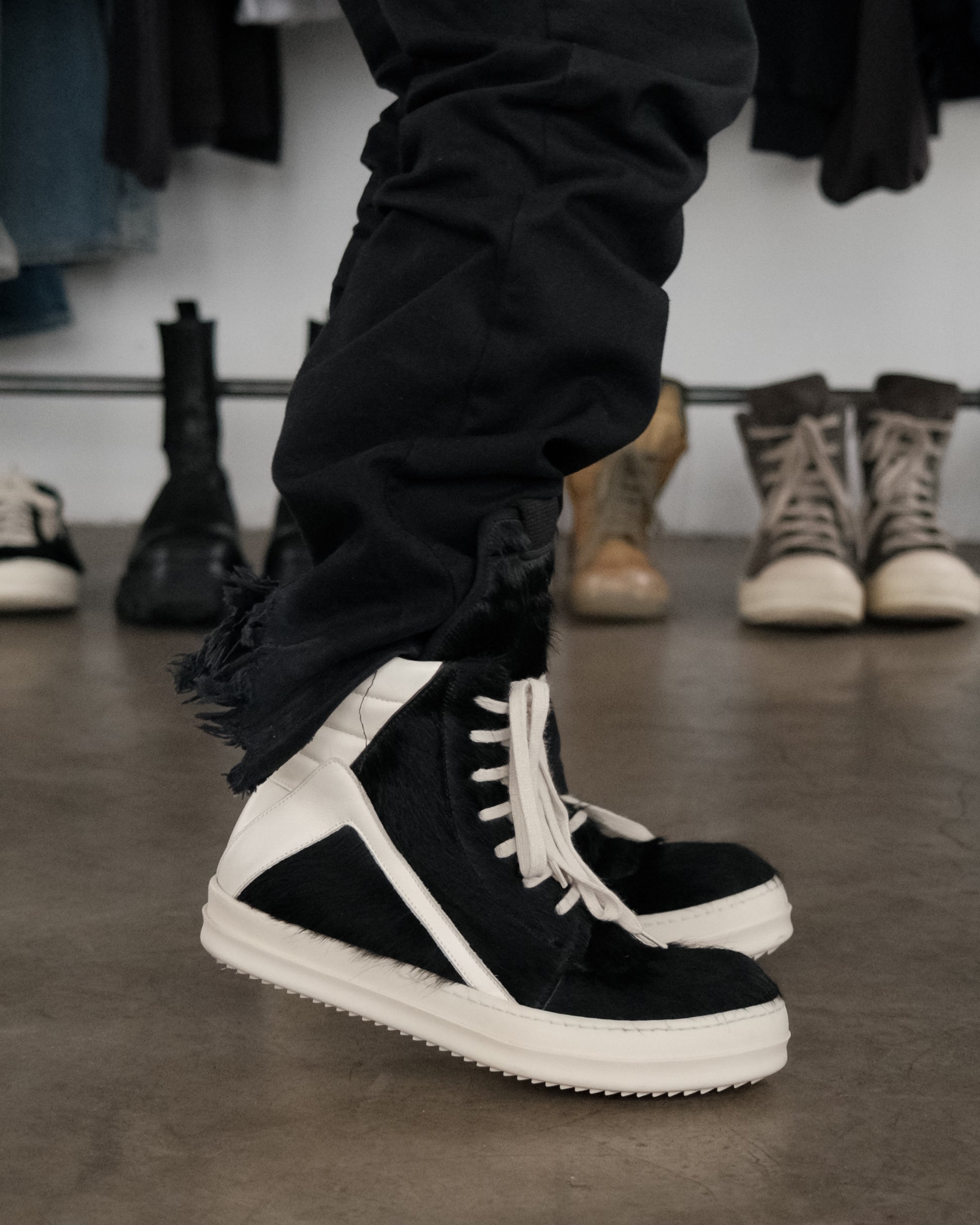 RICK OWENS Black Pony Hair Geobasket Sneakers