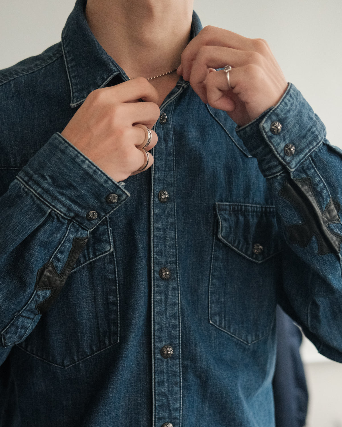 CHROME HEARTS Denim Western Cross Ball Button Long Sleeve Shirt