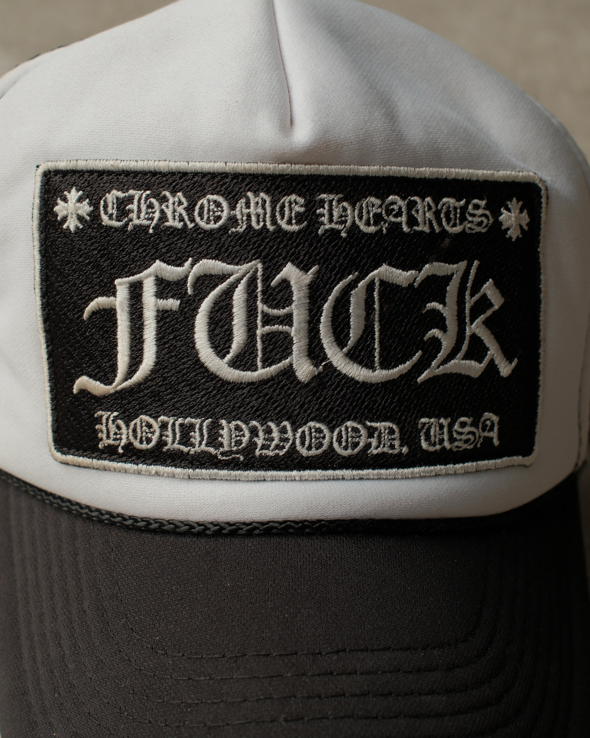 Vintage Chrome Hearts FUCK Hollywood Trucker Hat – Black/White