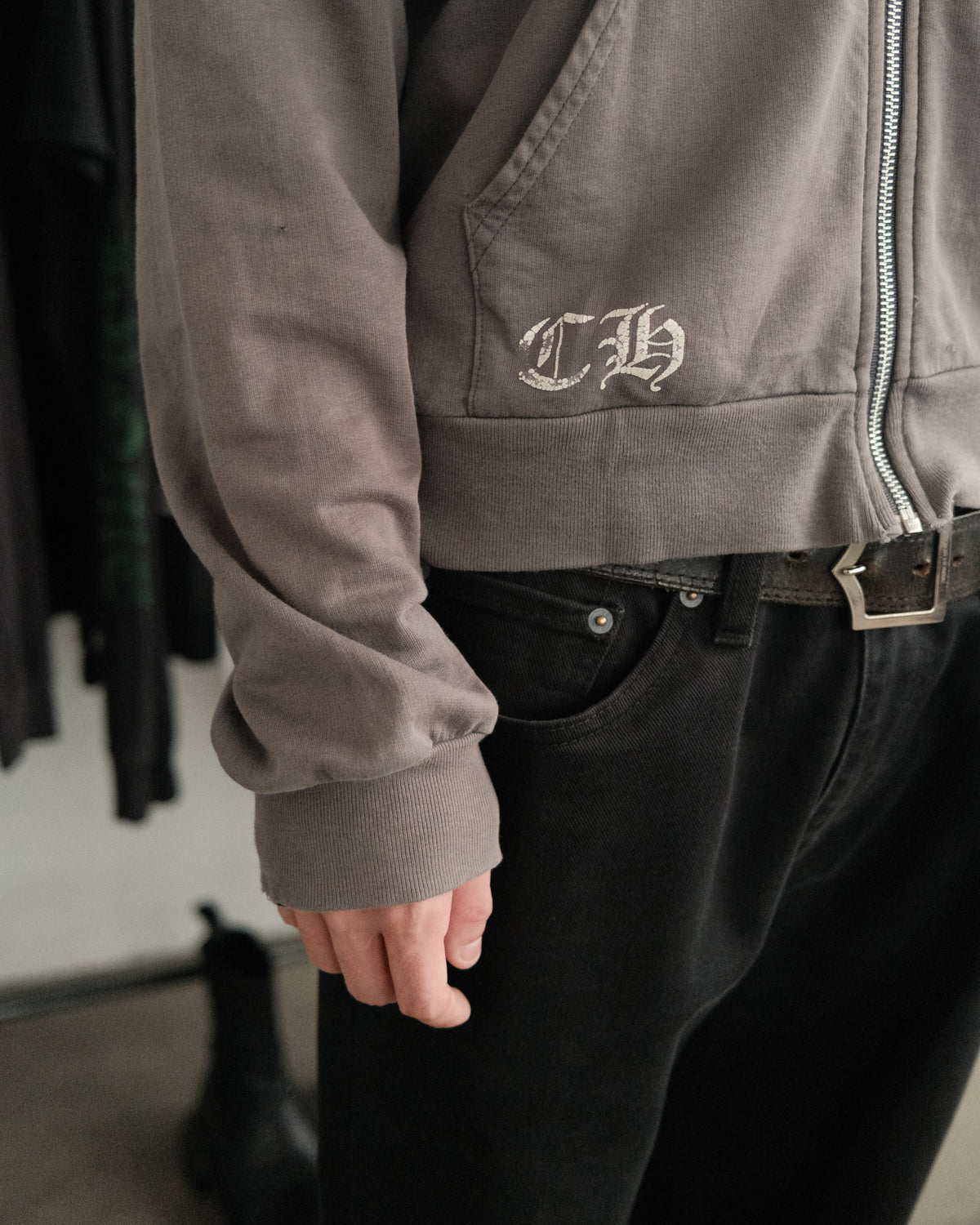 CHROME HEARTS Blue Floral Cross Logo Grey Zip Up Hoodie