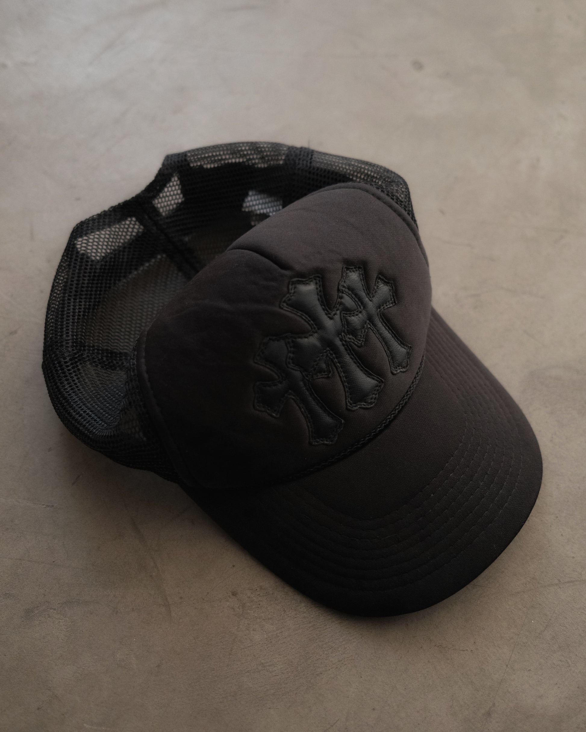 Vintage CHROME HEARTS Triple Leather Cross Patch Trucker Hat