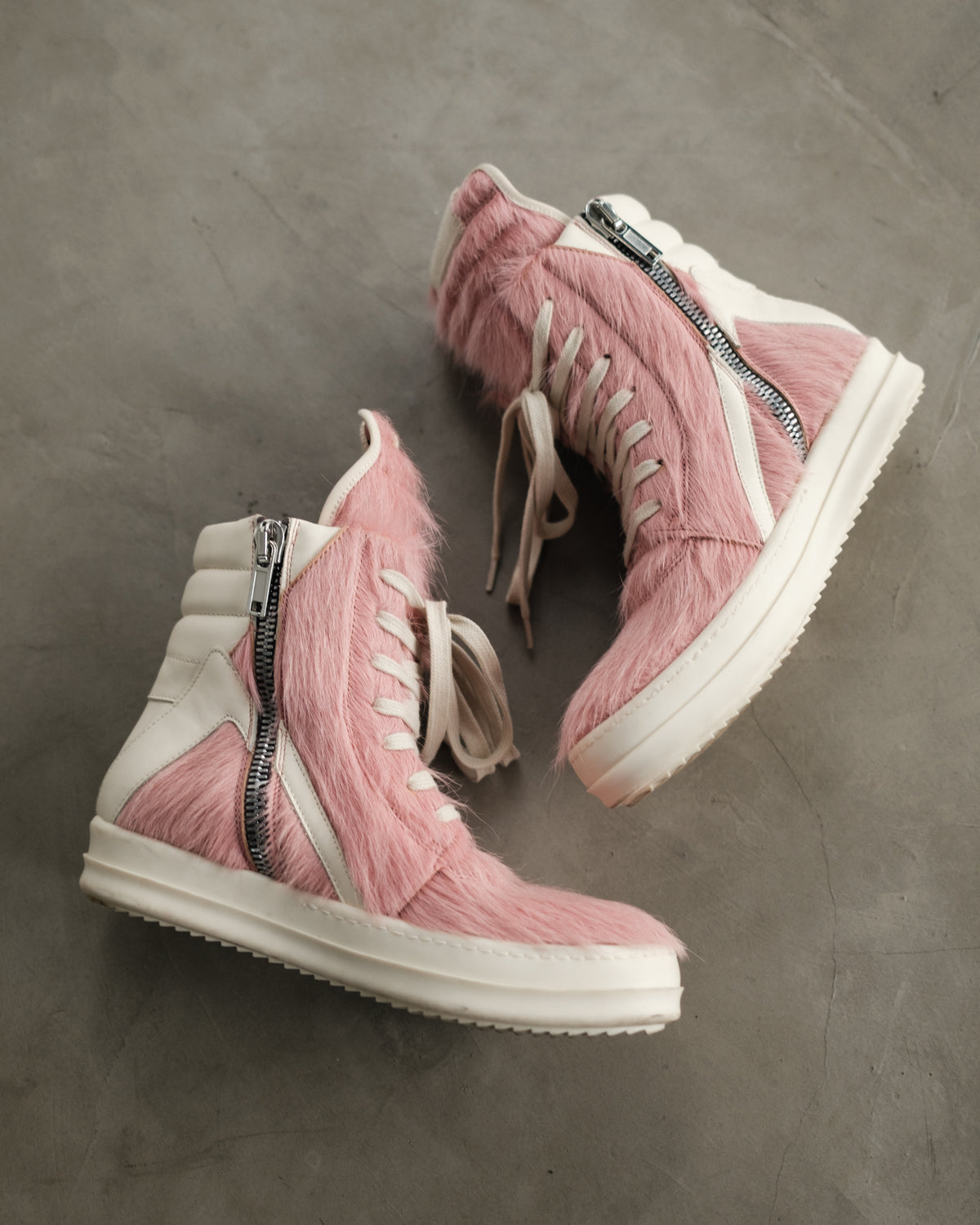 RICK OWENS Pink Geobasket Pony Hair Sneakers