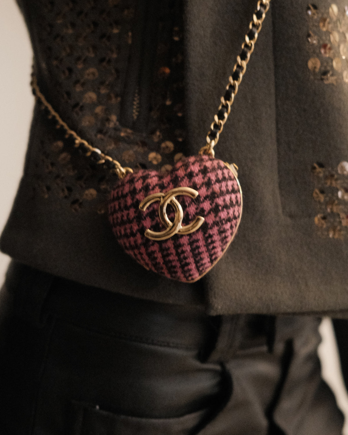 2022 Tweed & Leather CC Heart Locket Pendant Necklace