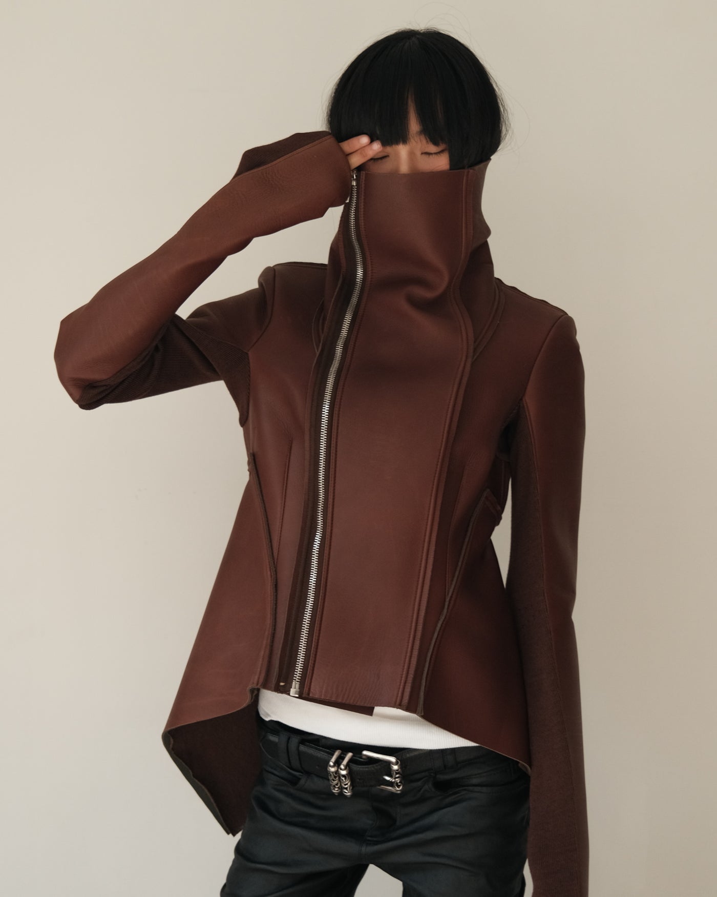 F16 RICK OWENS LILIES Asymmetric Leather Jacket