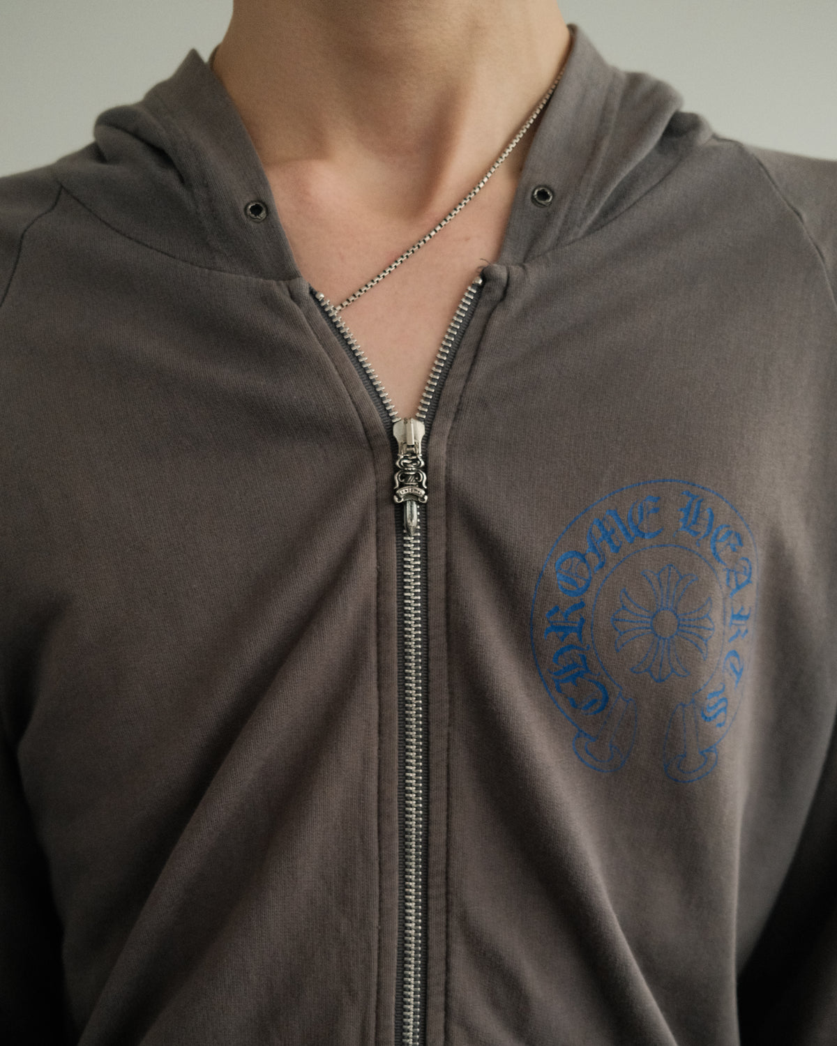 CHROME HEARTS Blue Floral Cross Logo Grey Zip Up Hoodie