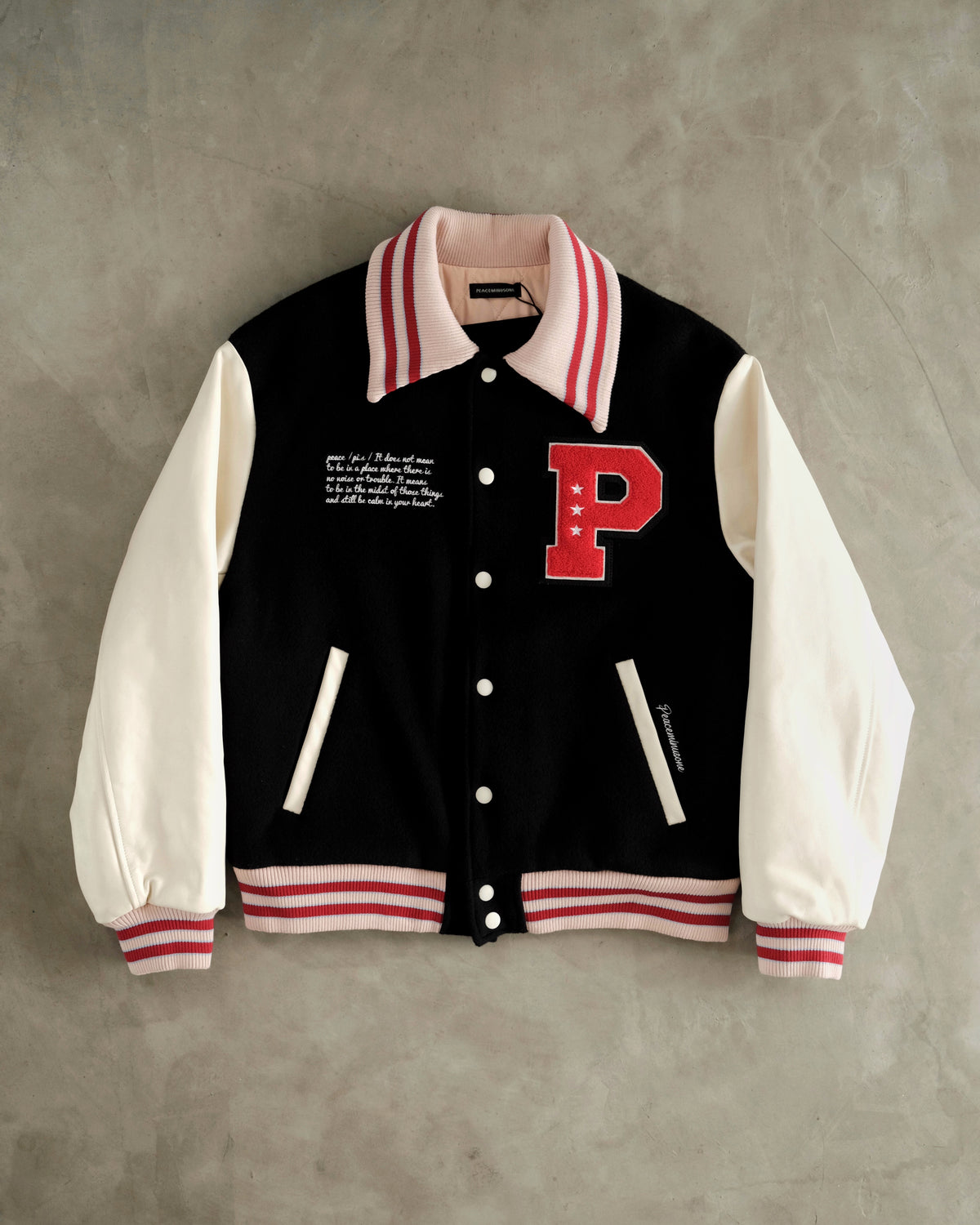 ss22 PEACEMINUSONE
Delivers Collared Varsity
Jackets