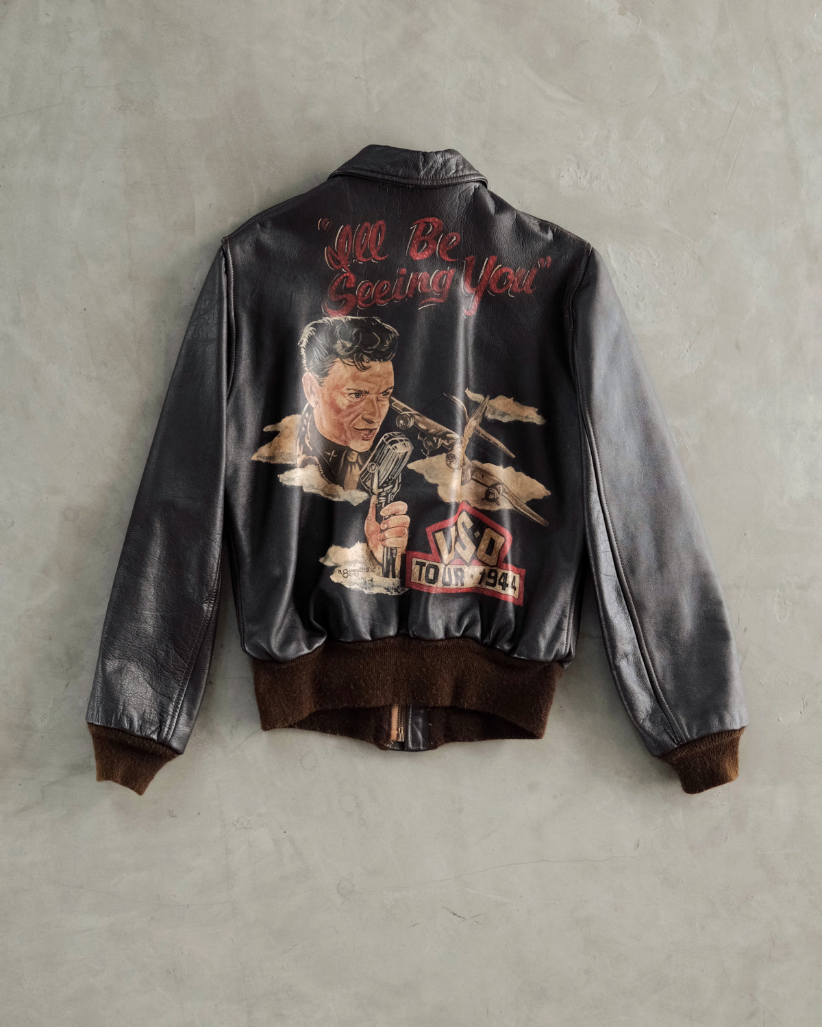 A-1993 AVIREX “I’ll Be Seeing You” Hand Painted Leather Bomber Jacket.