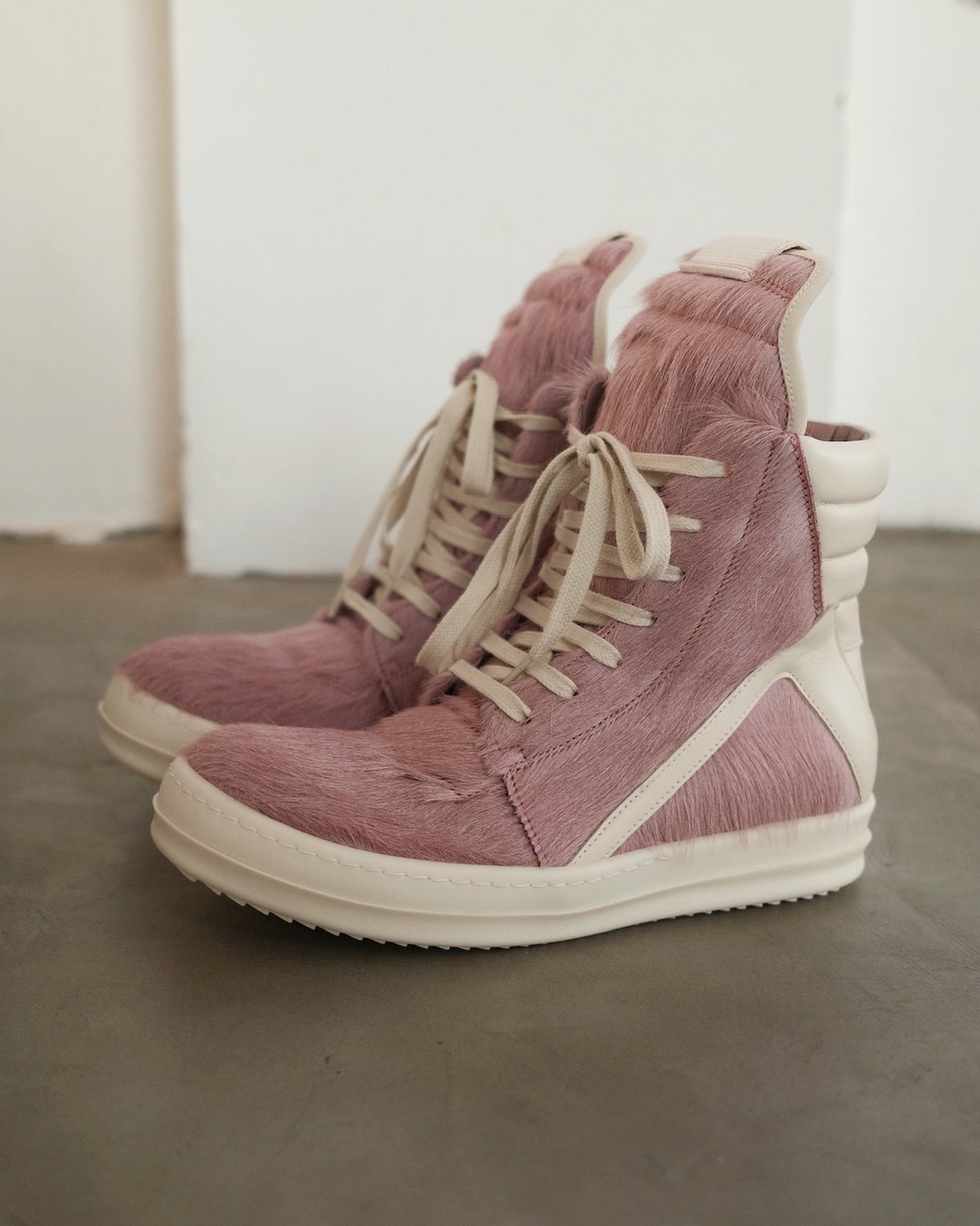 RICK OWENS Pink Geobasket Pony Hair Sneakers