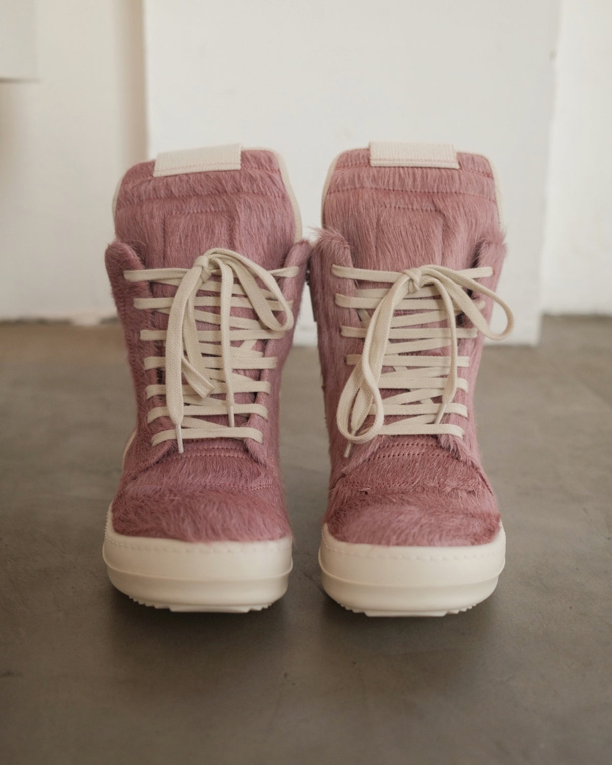 RICK OWENS Pink Geobasket Pony Hair Sneakers