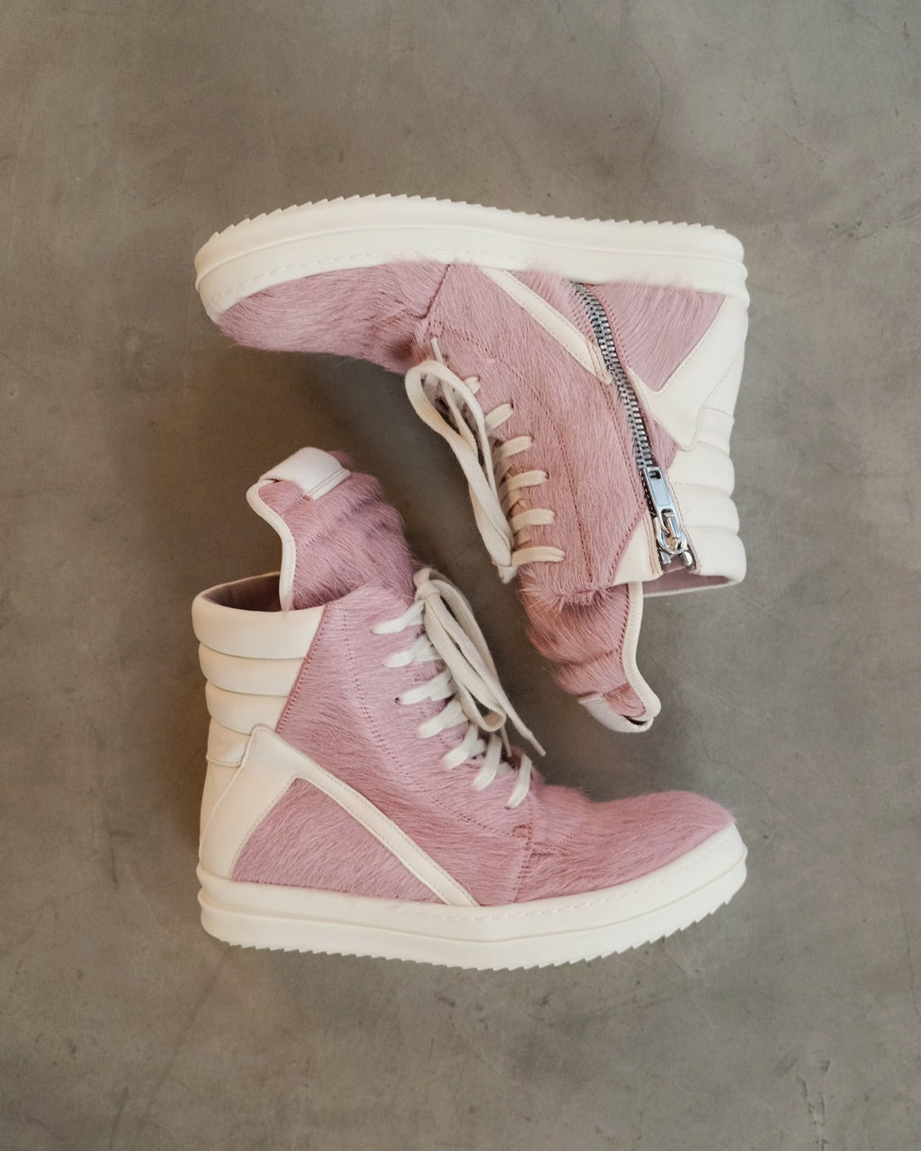RICK OWENS Pink Geobasket Pony Hair Sneakers