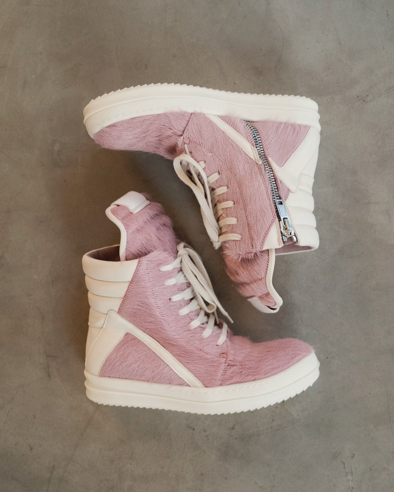 RICK OWENS Pink Geobasket Pony Hair Sneakers