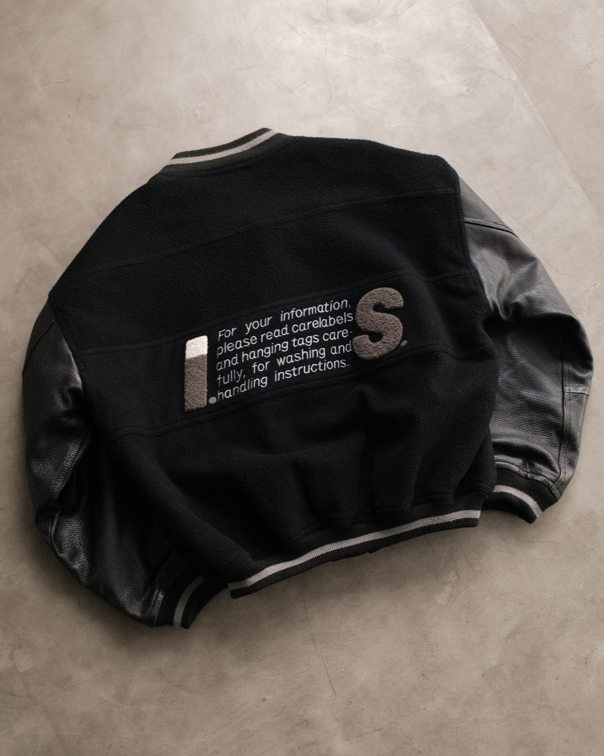 1980S Issey Miyake Sport Black Leather Sleeve Varsity Jacket