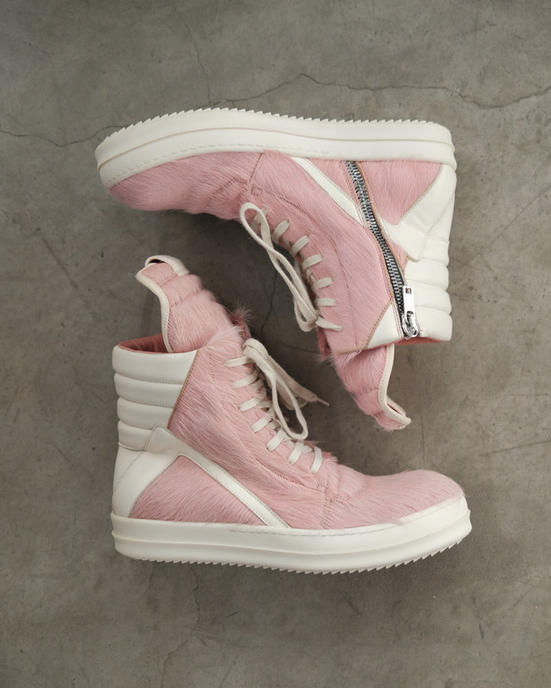 Rick Owens Pink Geobasket Pony Hair Sneakers