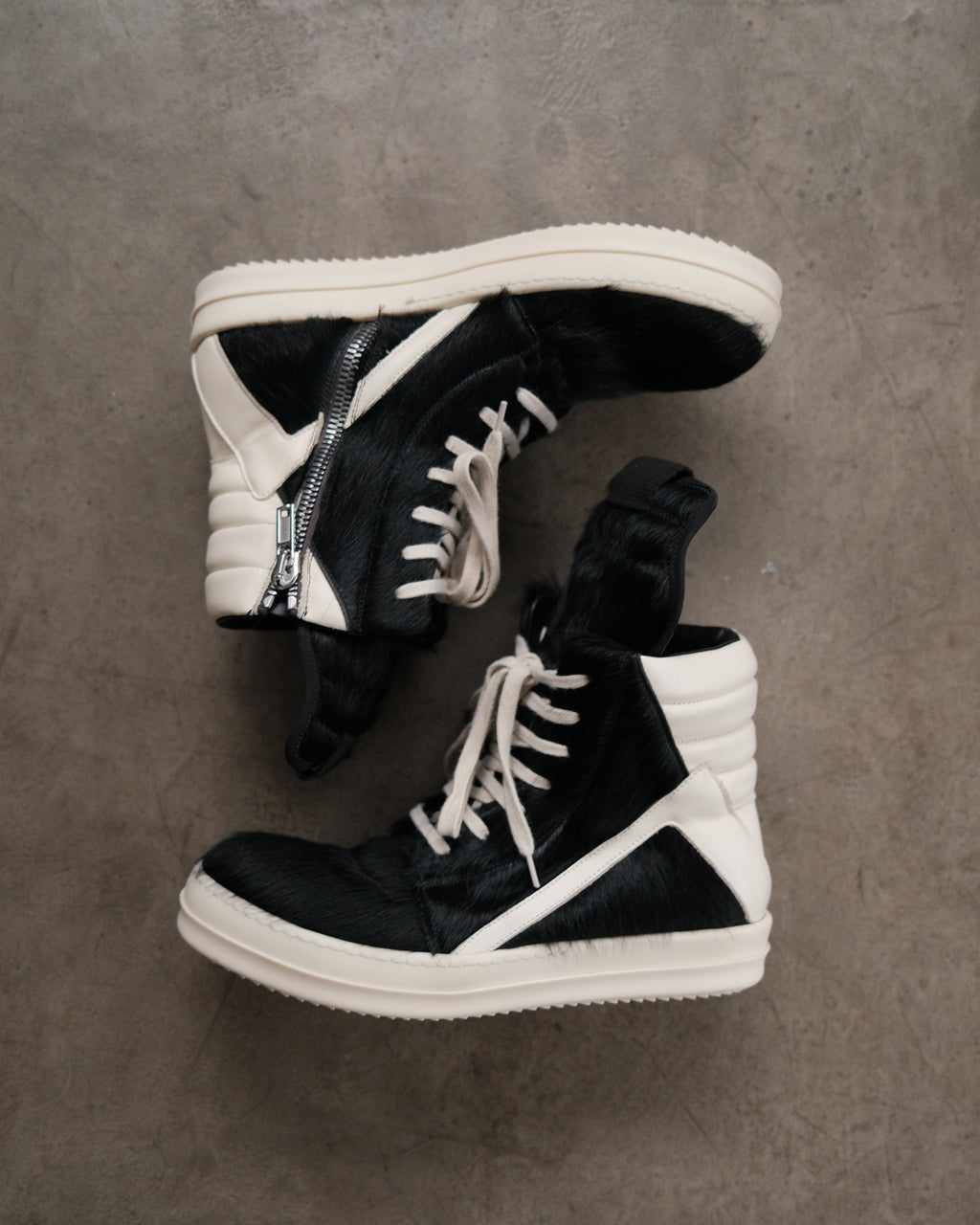 RICK OWENS Black Pony Hair Geobasket Sneakers