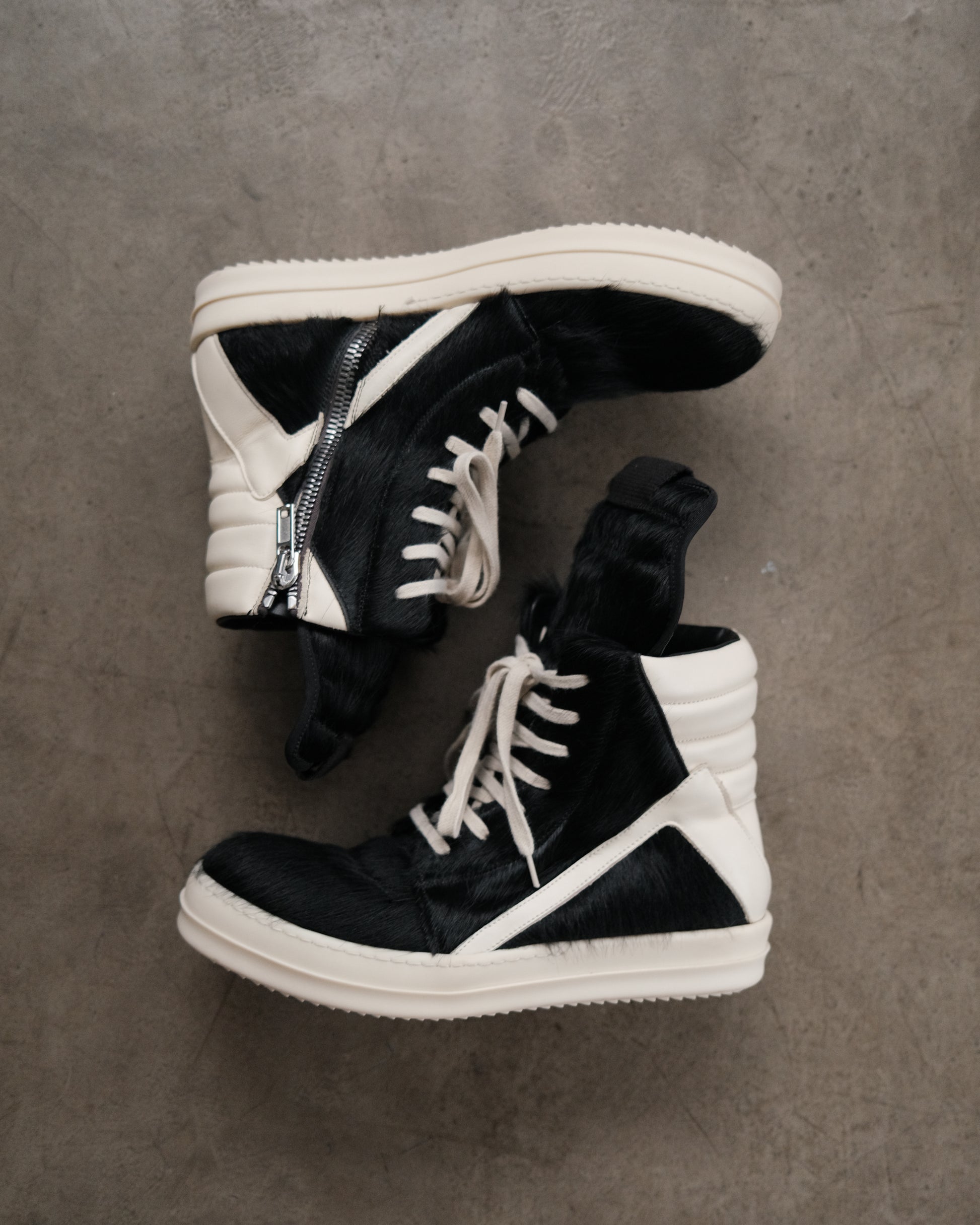 RICK OWENS Black Pony Hair Geobasket Sneakers