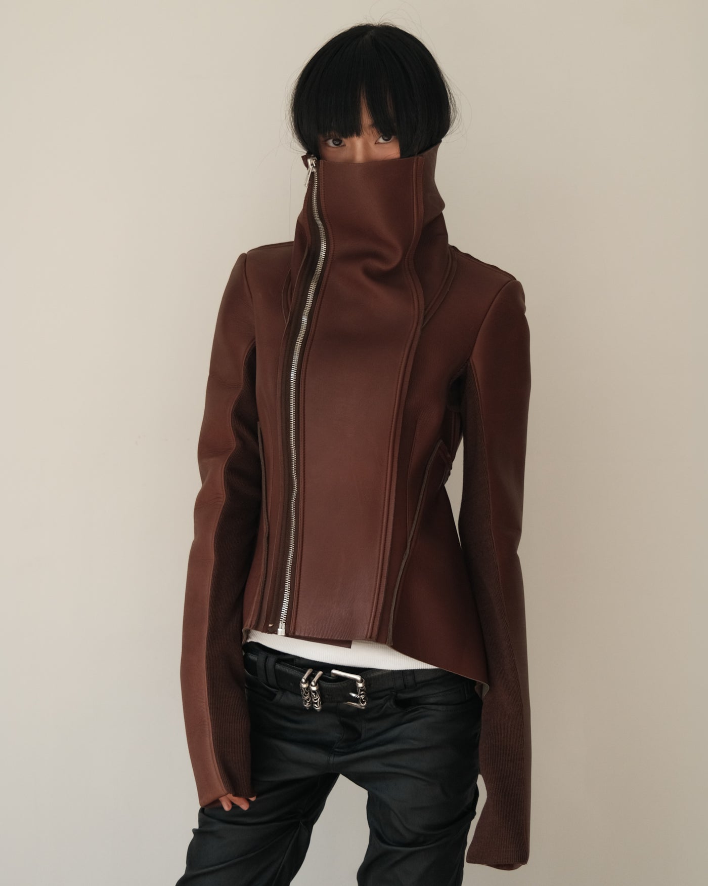 F16 RICK OWENS LILIES Asymmetric Leather Jacket