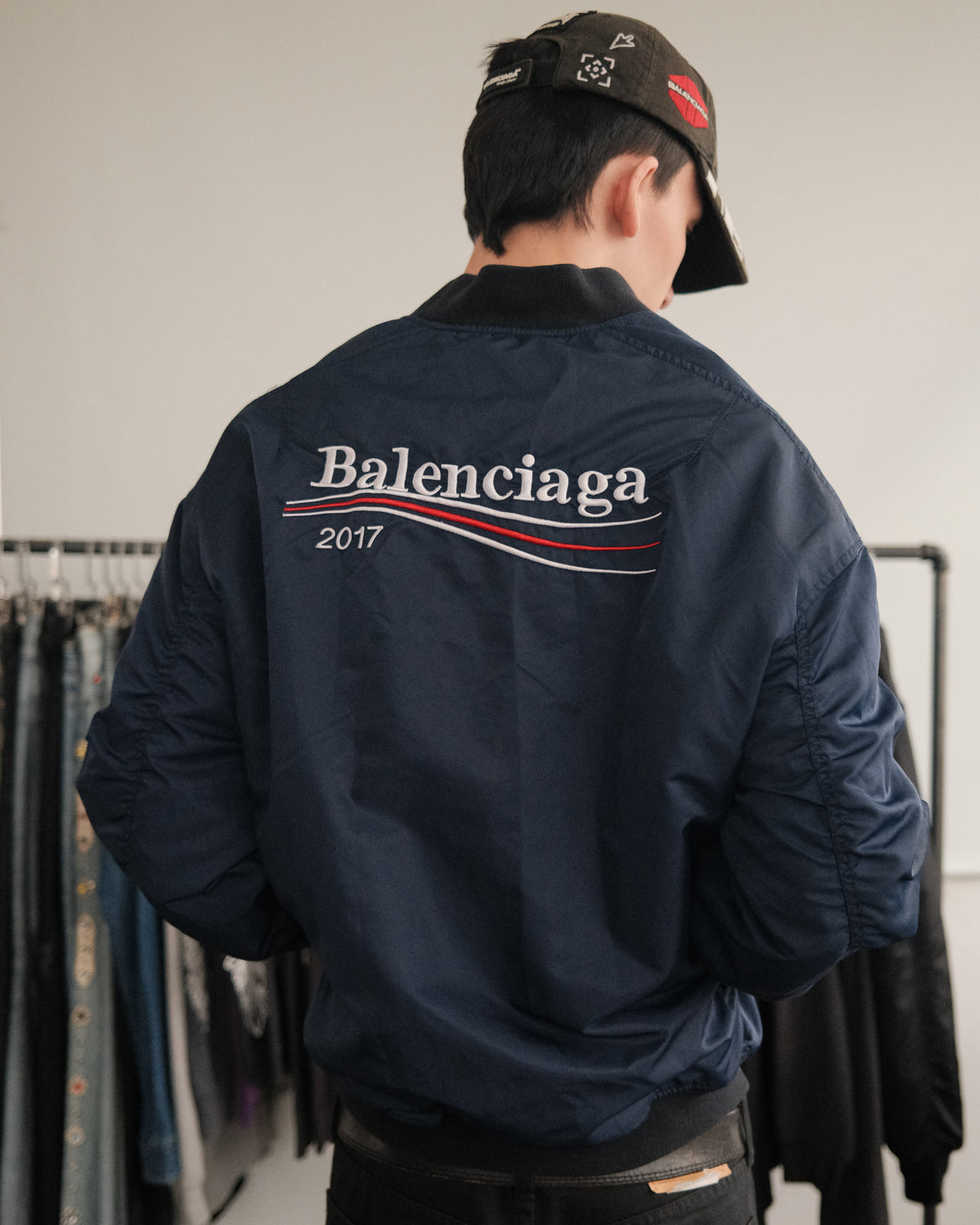 BALENCIAGA 2017 Runway Navy Wobble Campaign MA1 Padded Bomber Jacket