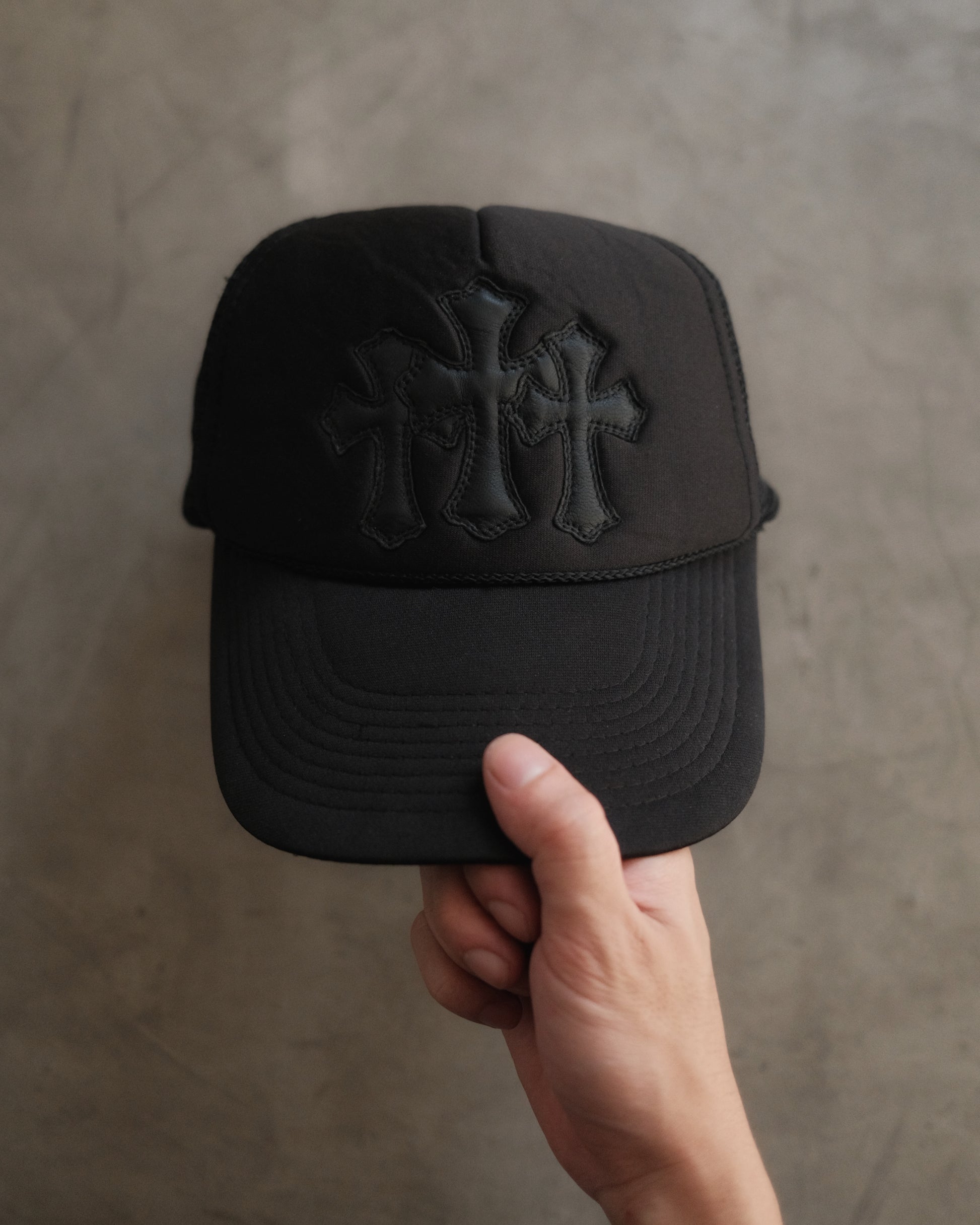 Vintage CHROME HEARTS Triple Leather Cross Patch Trucker Hat