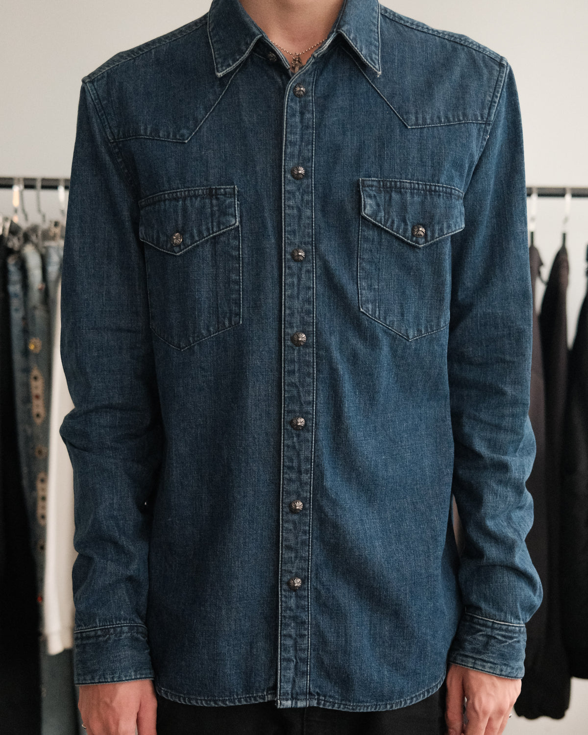CHROME HEARTS Denim Western Cross Ball Button Long Sleeve Shirt